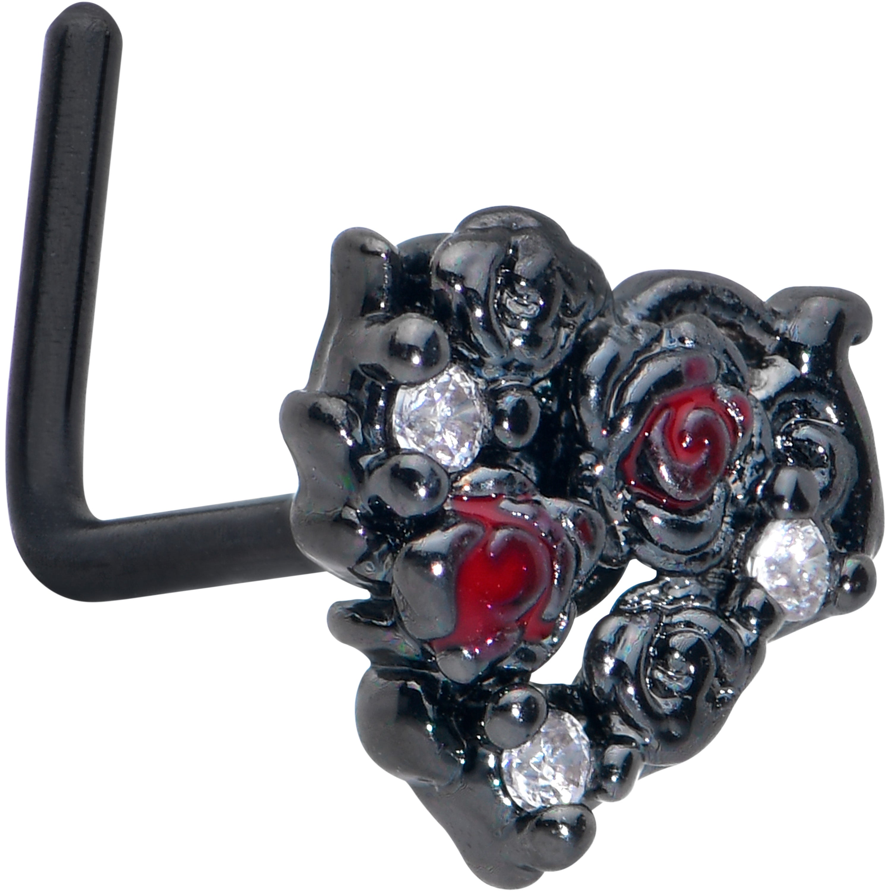 BodyCandy 20G 7mm Red Clear Gem Black Floral Heart L Shape Nose Ring — main product shot