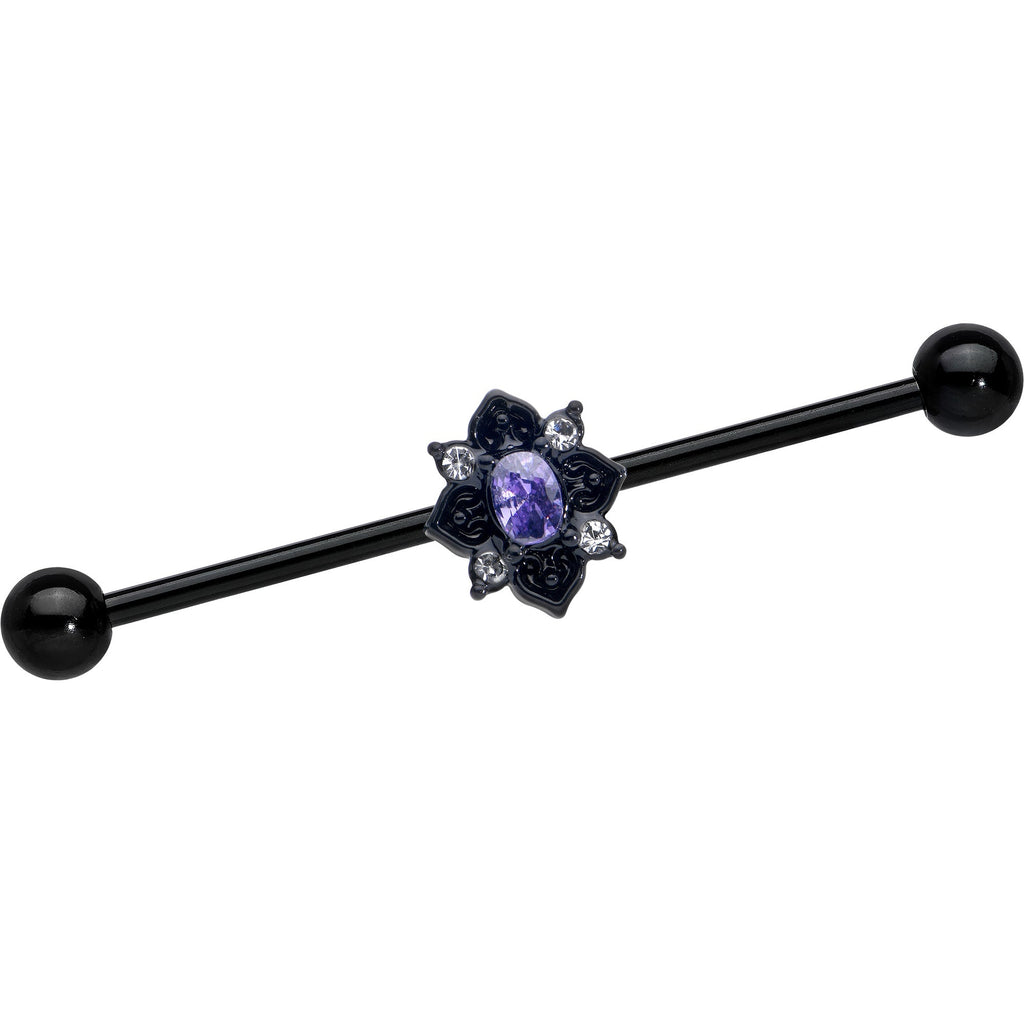 BodyCandy 14G Purple Gem Black Scrolling Hearts Industrial Barbell 38mm — main product shot