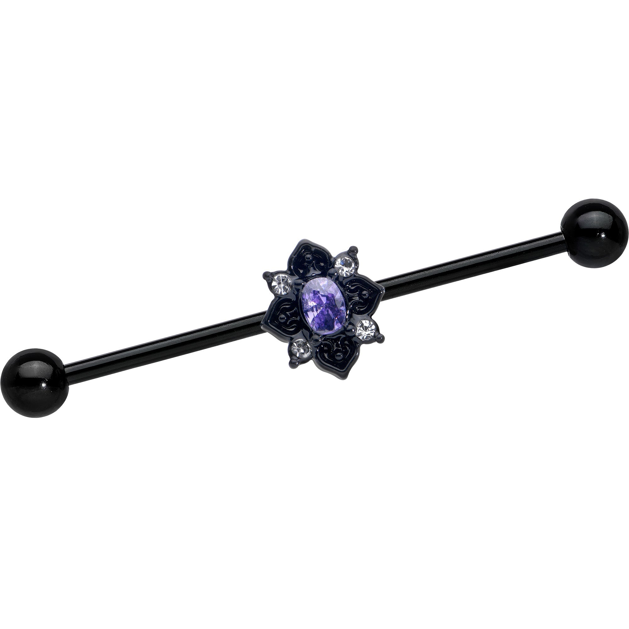 BodyCandy 14G Purple Gem Black Scrolling Hearts Industrial Barbell 38mm — main product shot