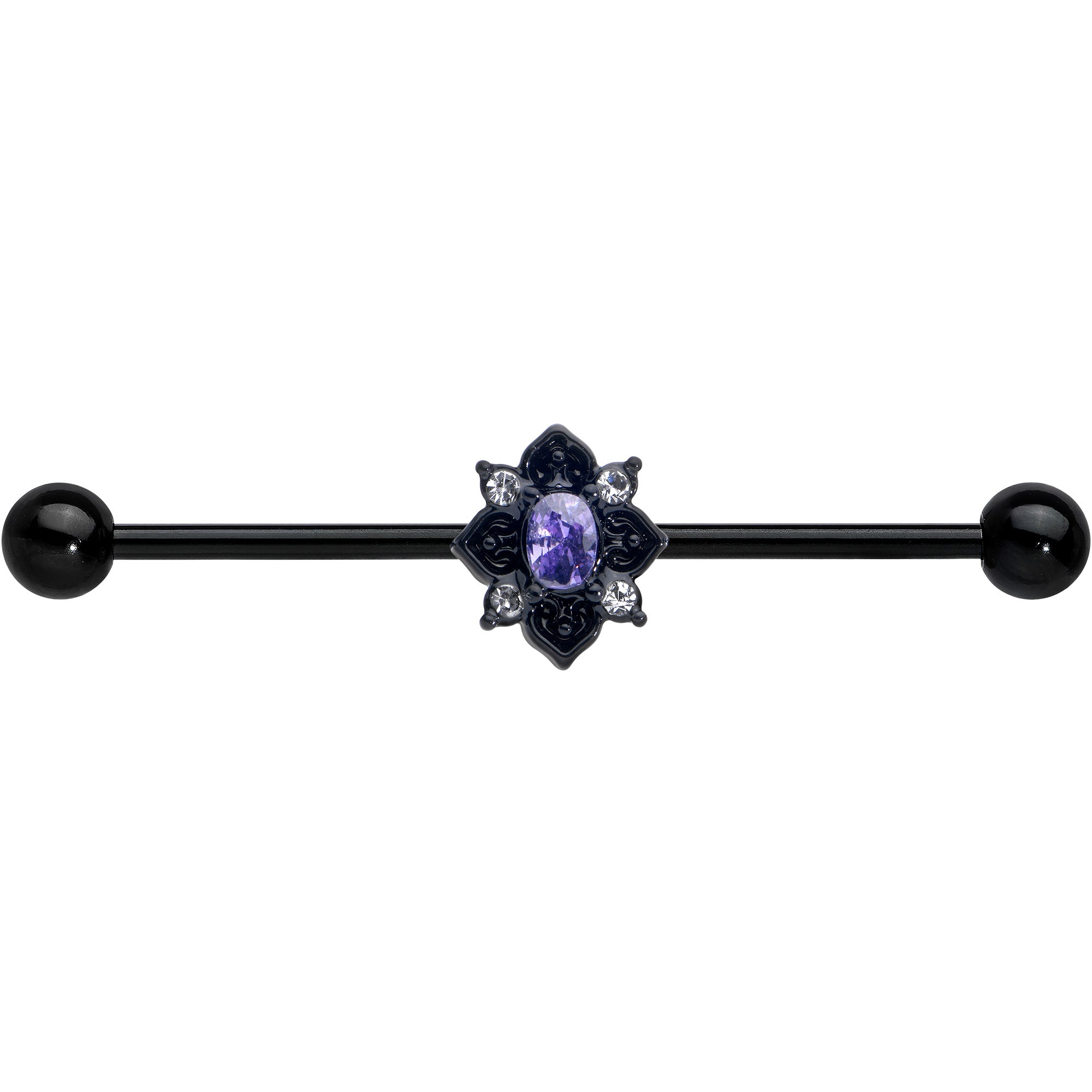 BodyCandy 14G Purple Gem Black Scrolling Hearts Industrial Barbell 38mm — detail close-up