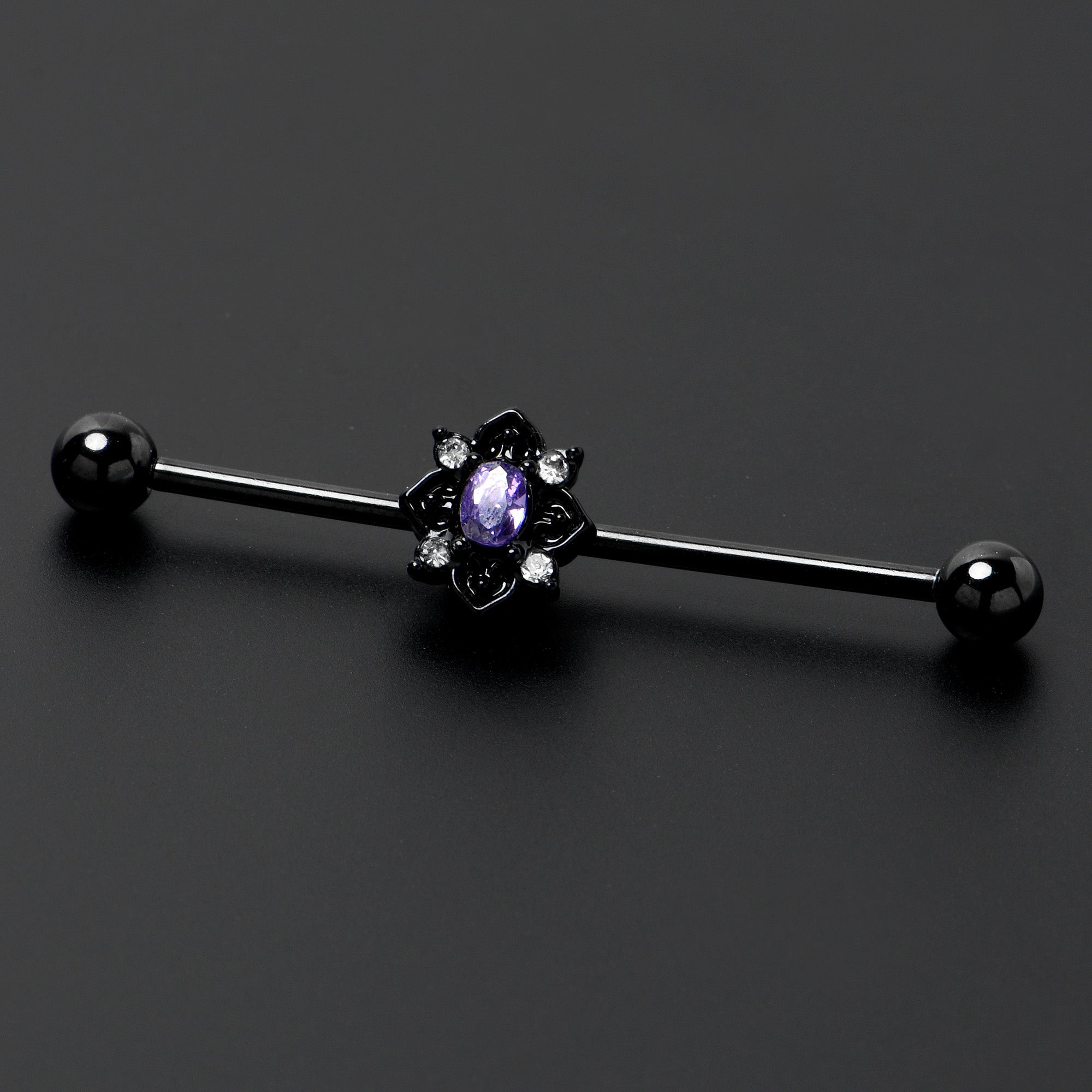 BodyCandy 14G Purple Gem Black Scrolling Hearts Industrial Barbell 38mm — lifestyle context