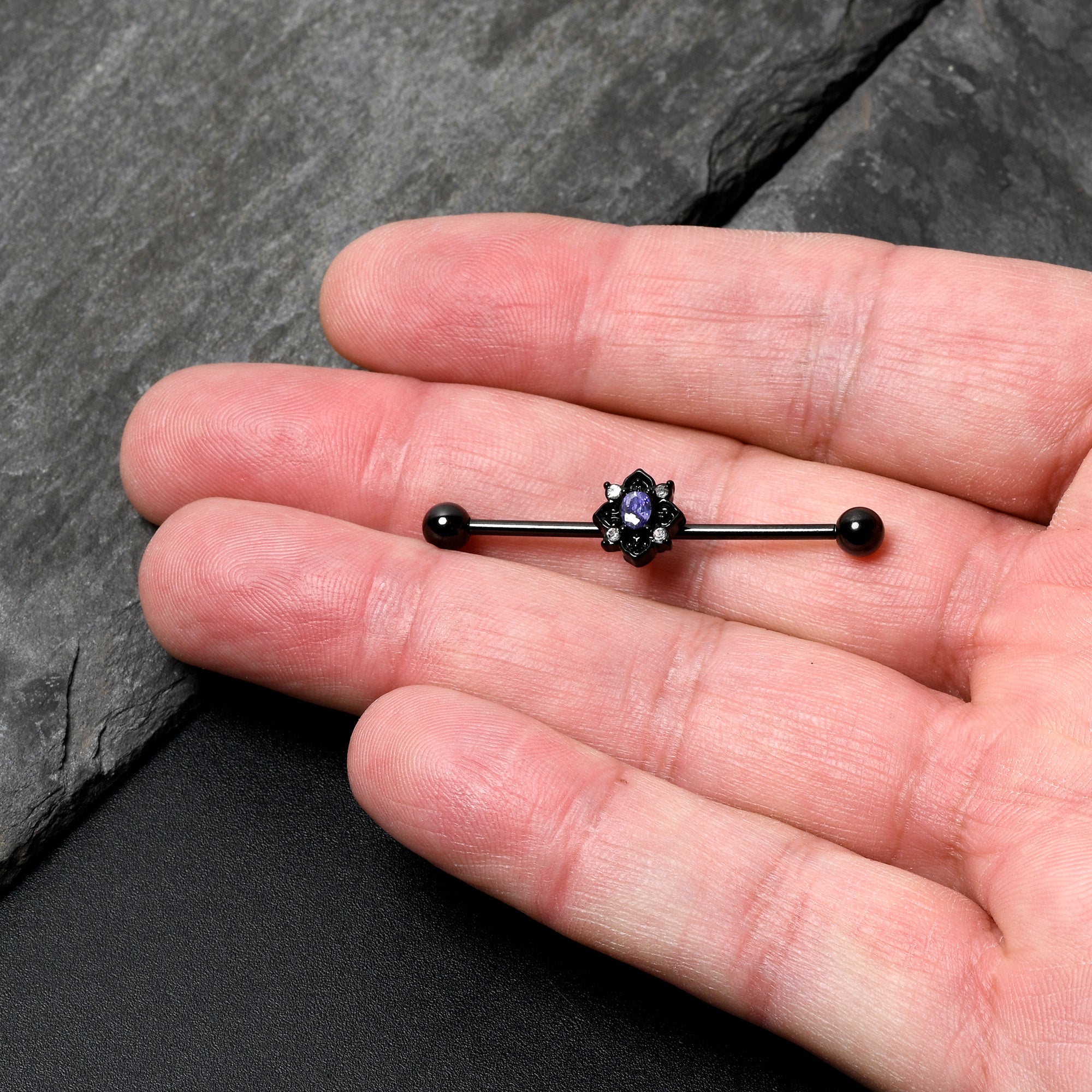 BodyCandy 14G Purple Gem Black Scrolling Hearts Industrial Barbell 38mm — back view