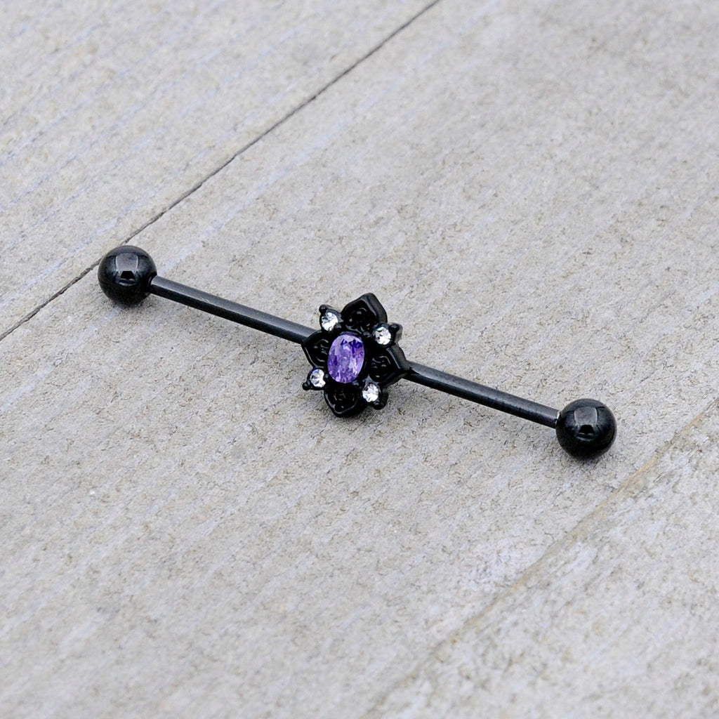 BodyCandy 14G Purple Gem Black Scrolling Hearts Industrial Barbell 38mm — alternative angle
