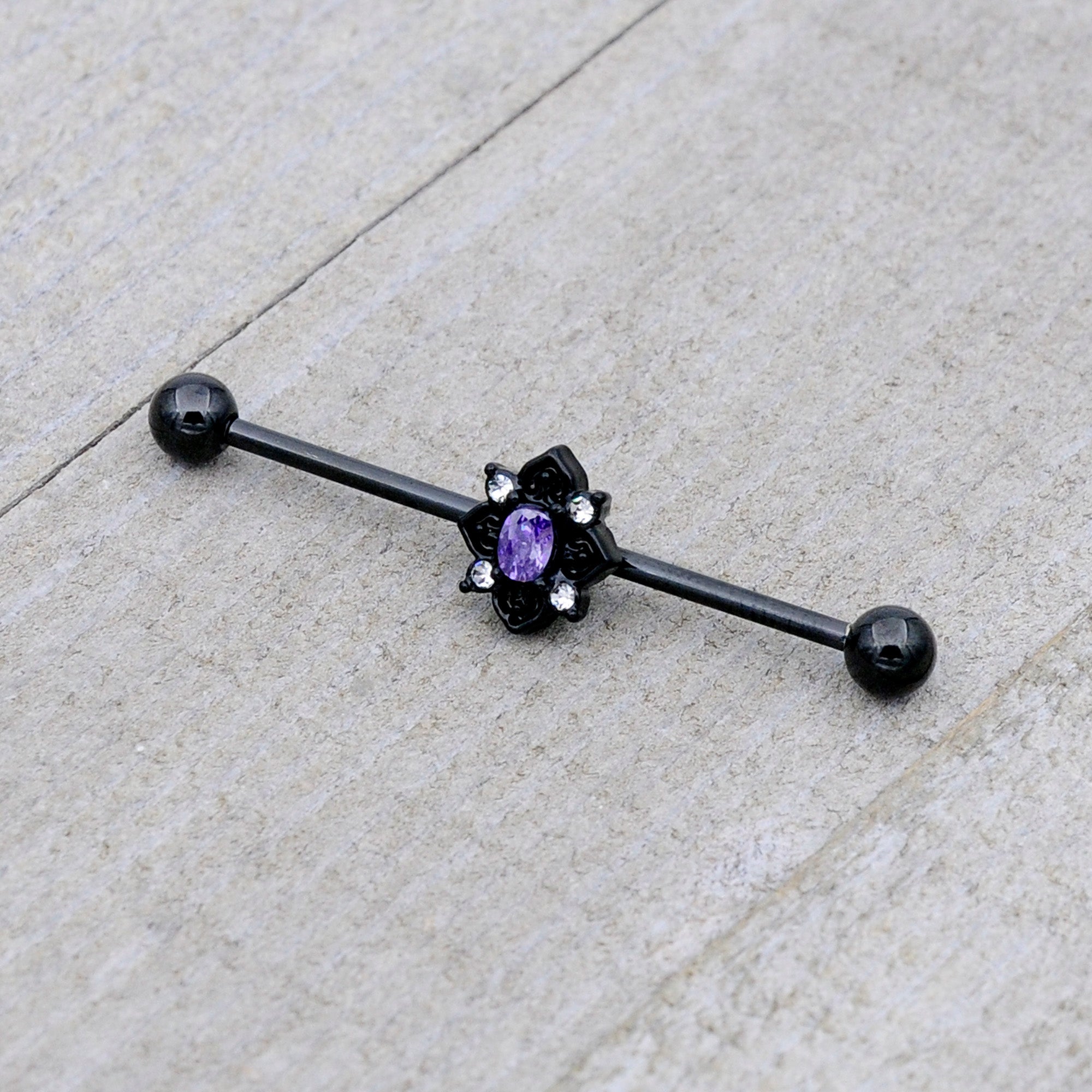 BodyCandy 14G Purple Gem Black Scrolling Hearts Industrial Barbell 38mm — alternative angle