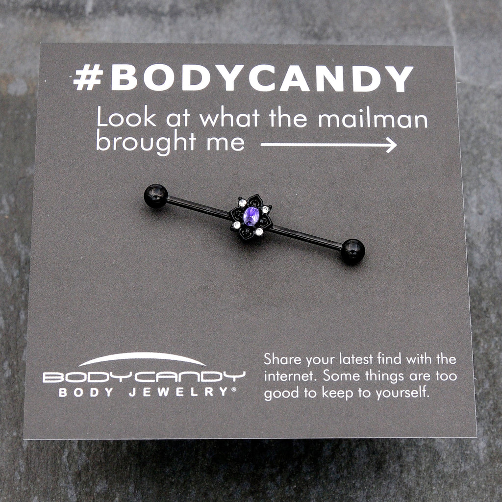 BodyCandy 14G Purple Gem Black Scrolling Hearts Industrial Barbell 38mm — size reference