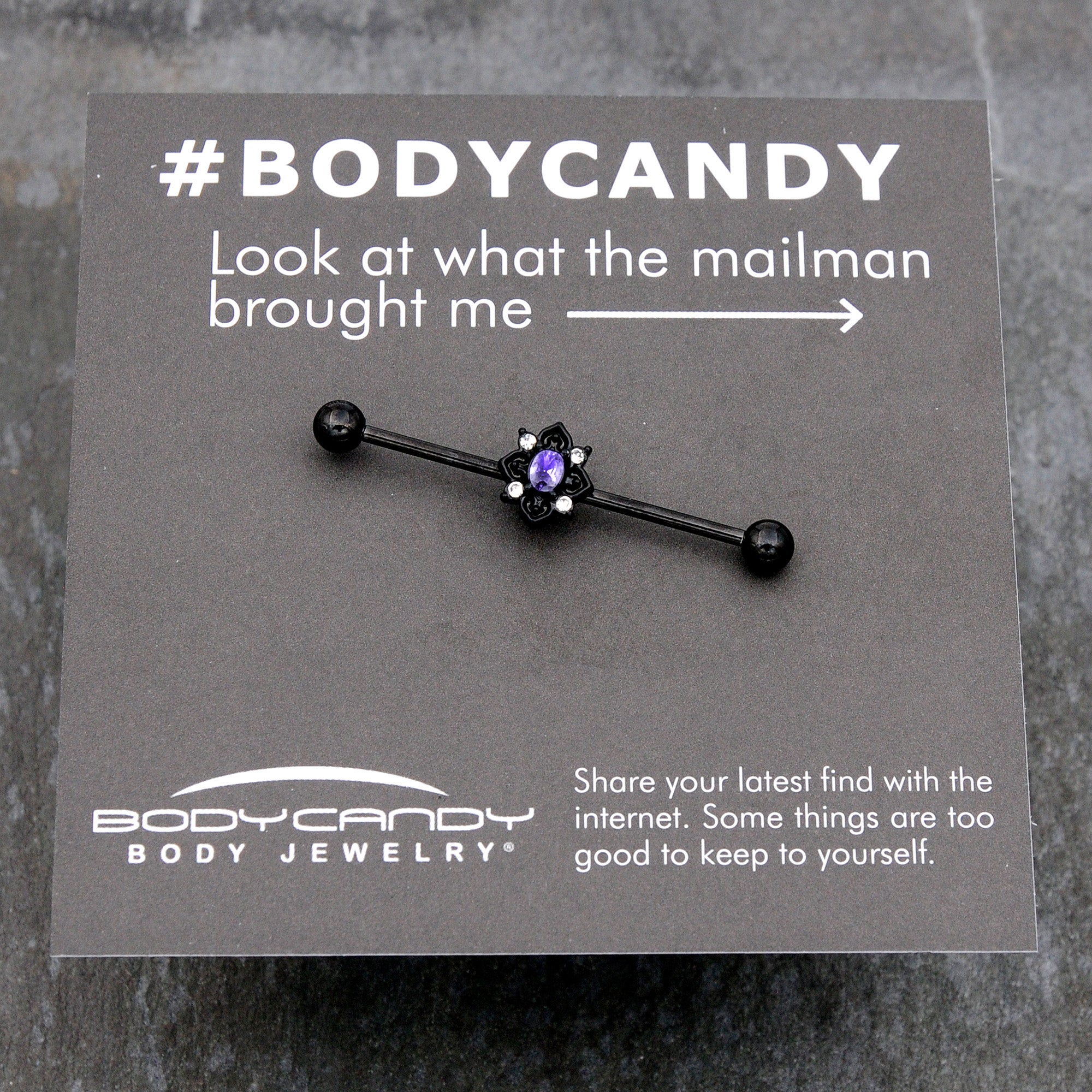 BodyCandy 14G Purple Gem Black Scrolling Hearts Industrial Barbell 38mm — size reference