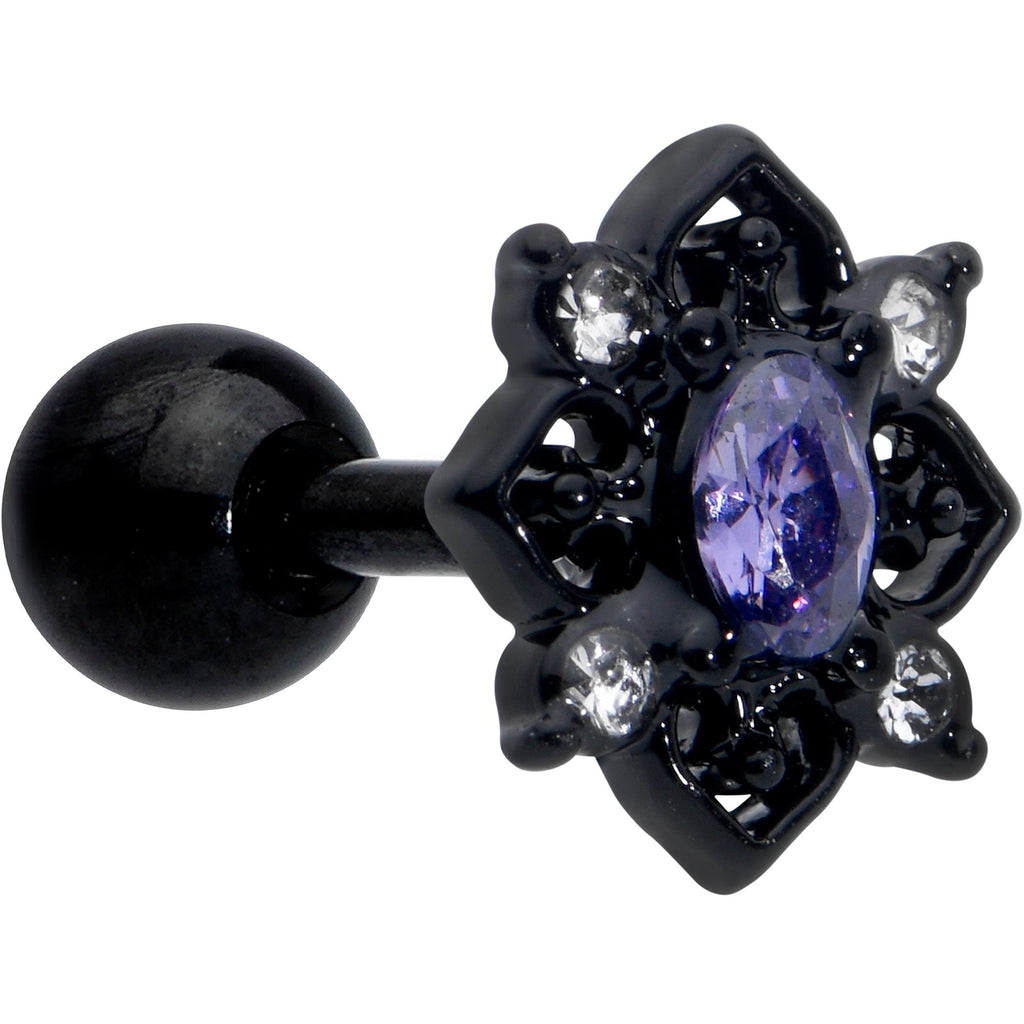 BodyCandy 16G 1/4 Purple Gem Black Scrolling Hearts Cartilage Tragus Earring — main product shot