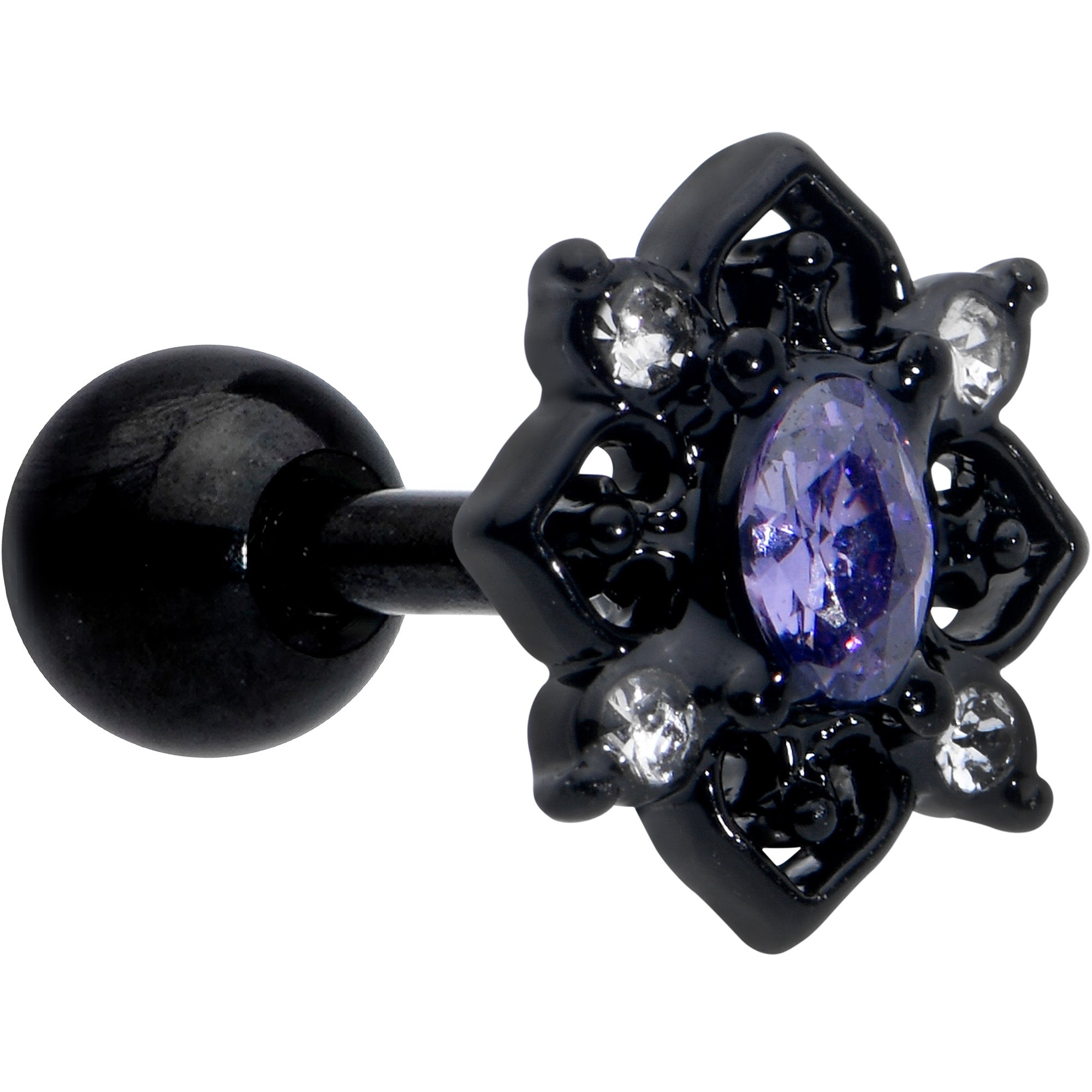 BodyCandy 16G 1/4 Purple Gem Black Scrolling Hearts Cartilage Tragus Earring — main product shot