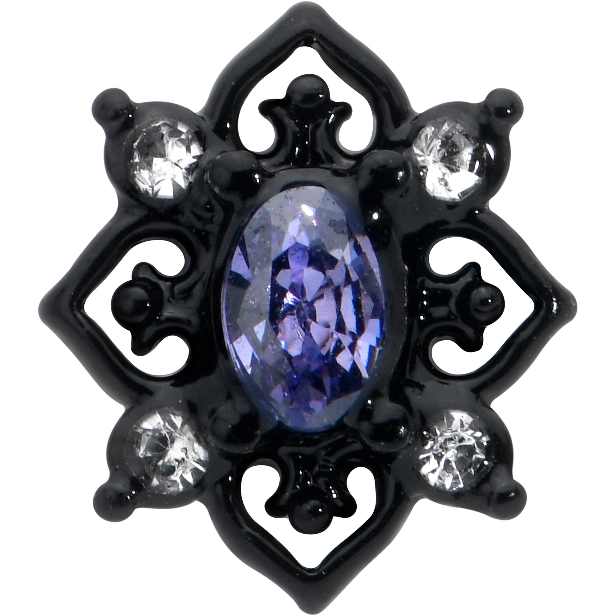 BodyCandy 16G 1/4 Purple Gem Black Scrolling Hearts Cartilage Tragus Earring — detail close-up