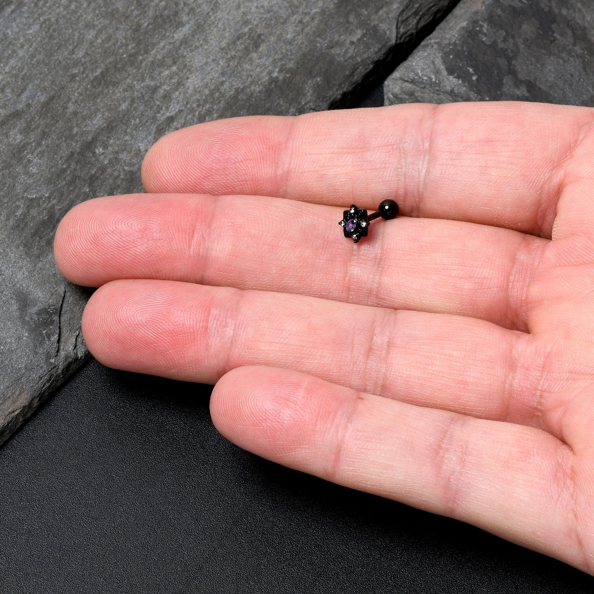 BodyCandy 16G 1/4 Purple Gem Black Scrolling Hearts Cartilage Tragus Earring — side view
