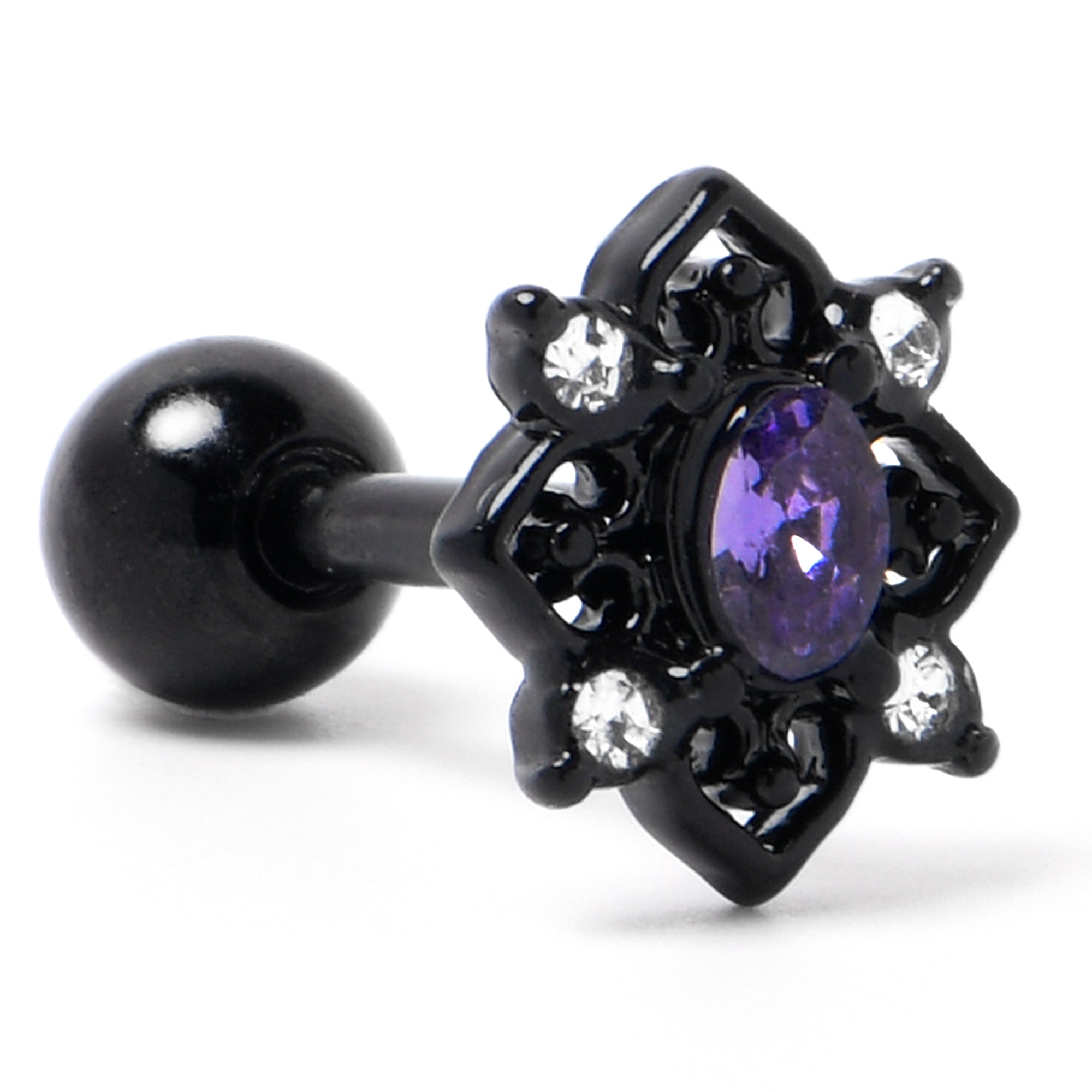 BodyCandy 16G 1/4 Purple Gem Black Scrolling Hearts Cartilage Tragus Earring — back view