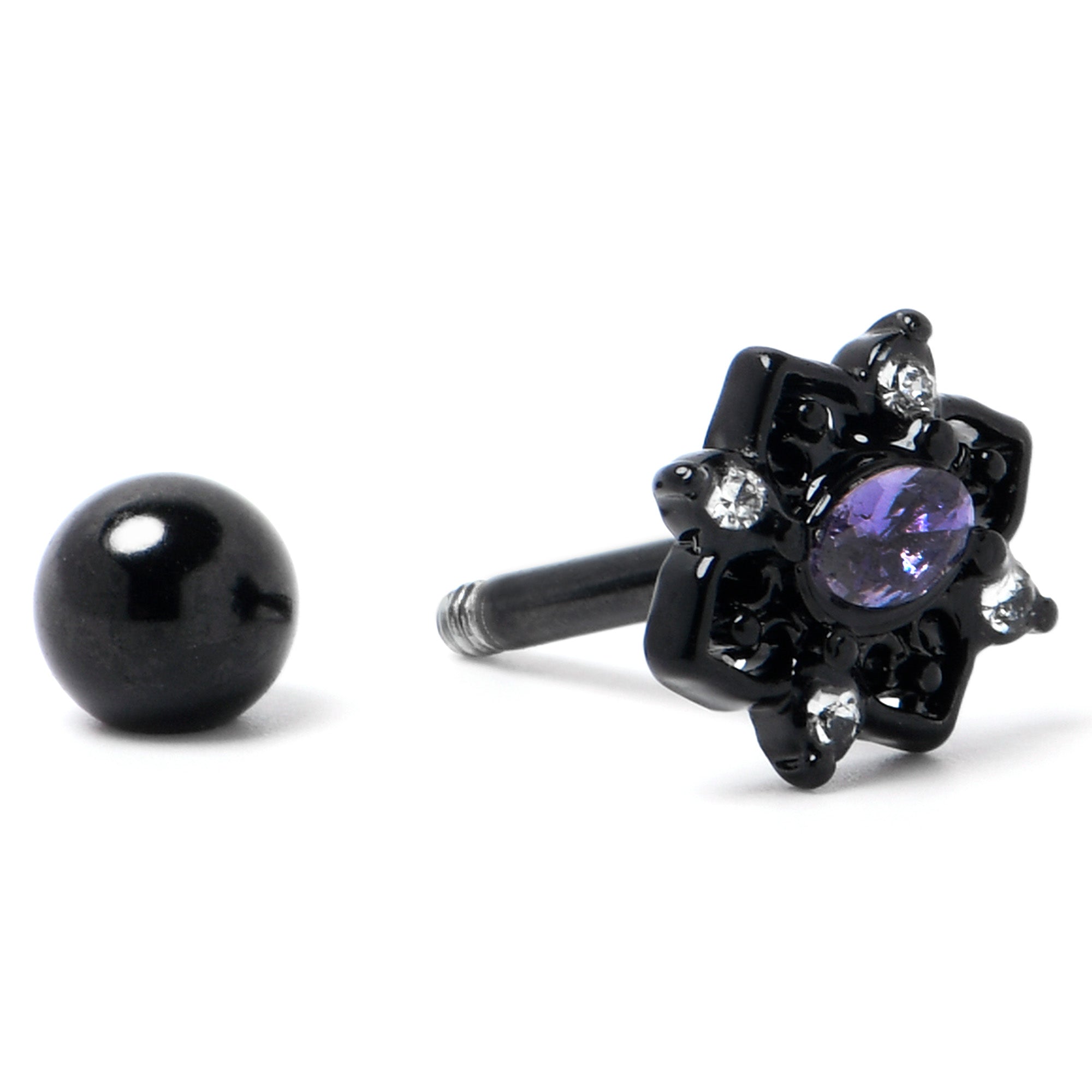 BodyCandy 16G 1/4 Purple Gem Black Scrolling Hearts Cartilage Tragus Earring — alternative angle