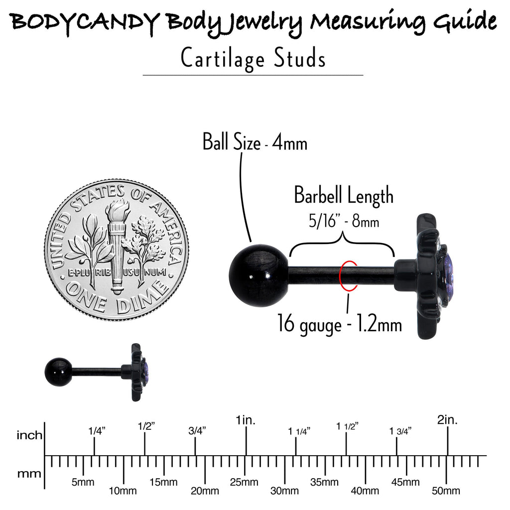 BodyCandy 16G 1/4 Purple Gem Black Scrolling Hearts Cartilage Tragus Earring — in-use photo