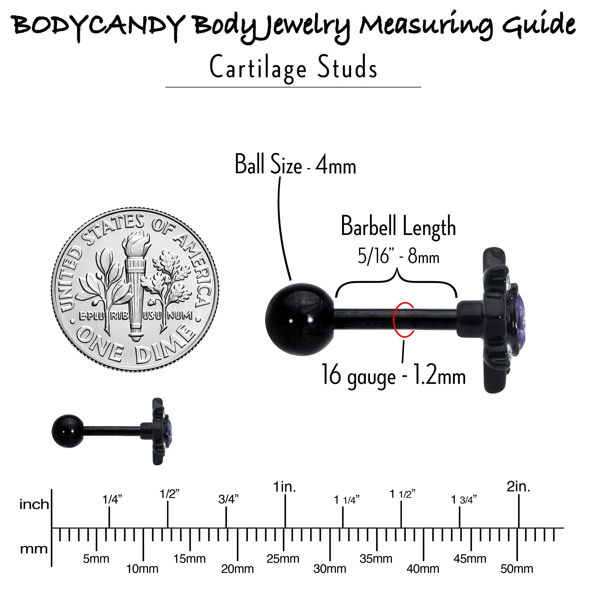 BodyCandy 16G 1/4 Purple Gem Black Scrolling Hearts Cartilage Tragus Earring — in-use photo