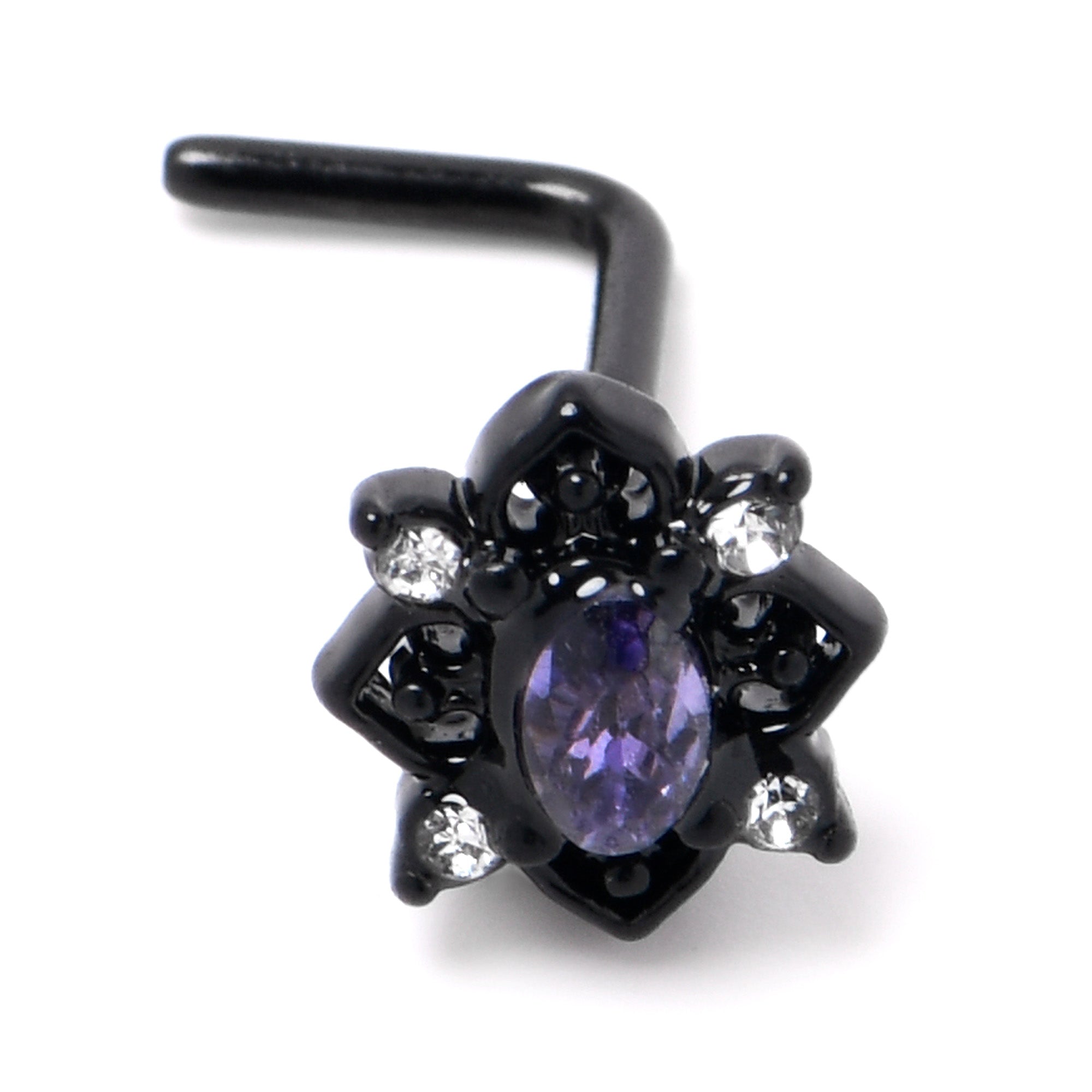 BodyCandy 20G 7mm Purple Gem Black Scrolling Hearts L Shape Nose Ring — back view