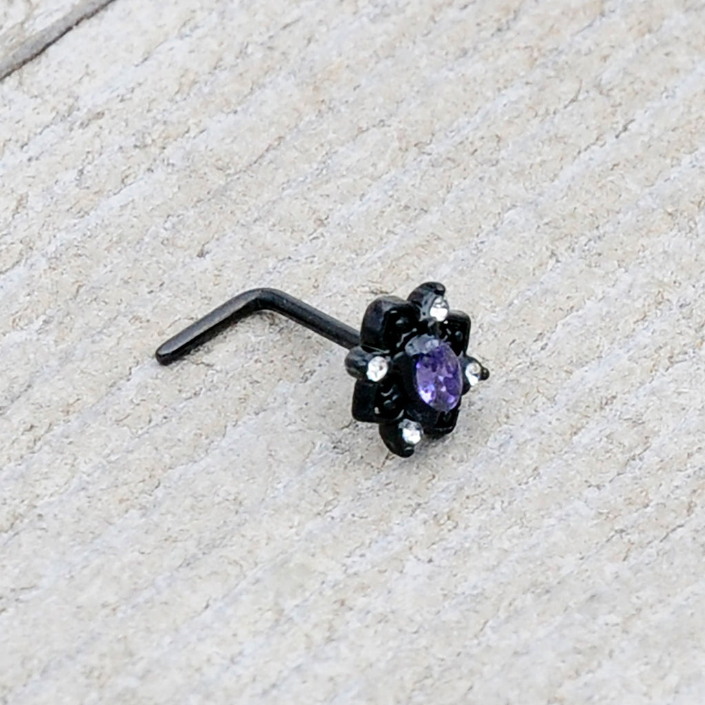 BodyCandy 20G 7mm Purple Gem Black Scrolling Hearts L Shape Nose Ring — alternative angle