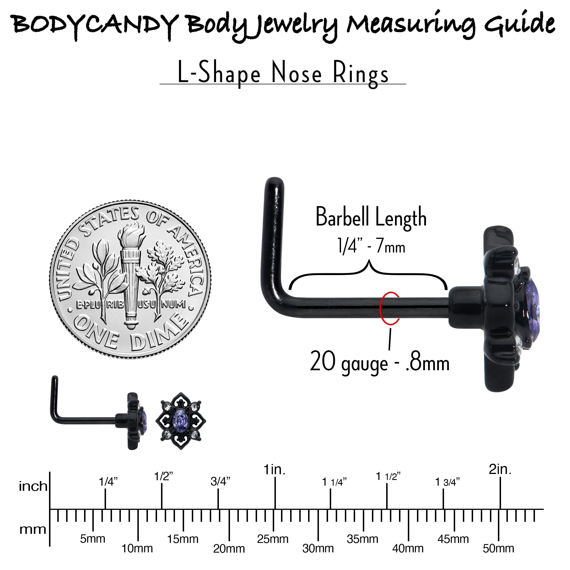BodyCandy 20G 7mm Purple Gem Black Scrolling Hearts L Shape Nose Ring — in-use photo
