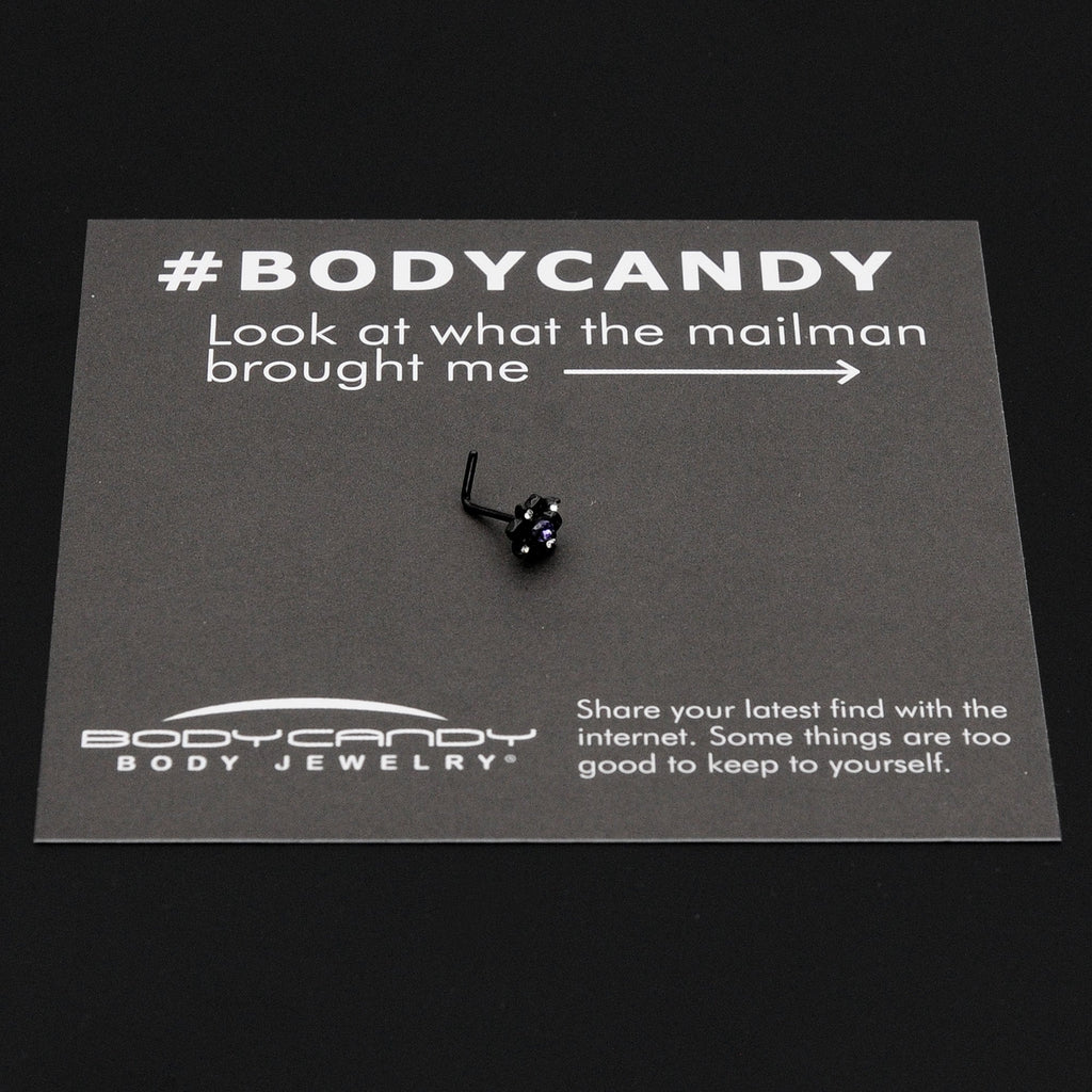 BodyCandy 20G 7mm Purple Gem Black Scrolling Hearts L Shape Nose Ring — size reference