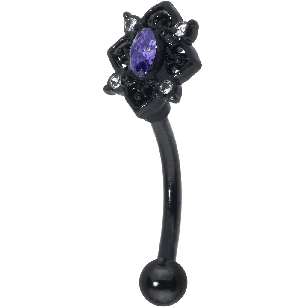 BodyCandy 16G 5/16 Purple Gem Black Scrolling Hearts Curved Eyebrow Ring — main product shot