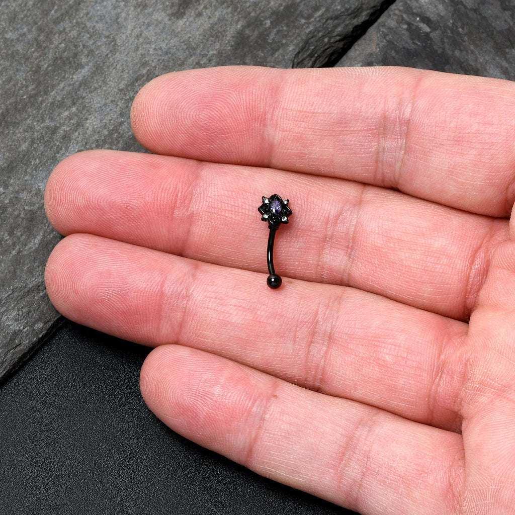 BodyCandy 16G 5/16 Purple Gem Black Scrolling Hearts Curved Eyebrow Ring — detail close-up