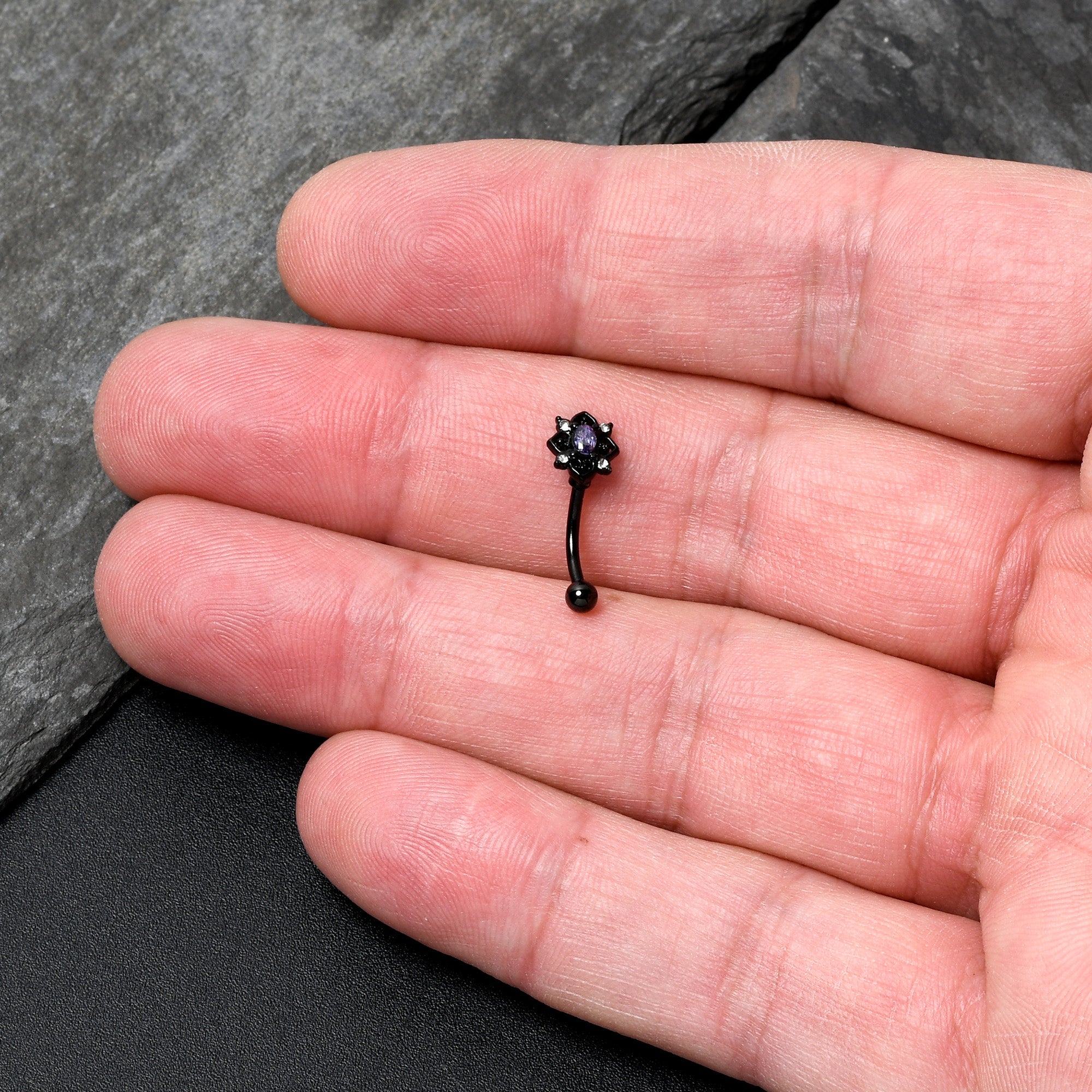 BodyCandy 16G 5/16 Purple Gem Black Scrolling Hearts Curved Eyebrow Ring — detail close-up