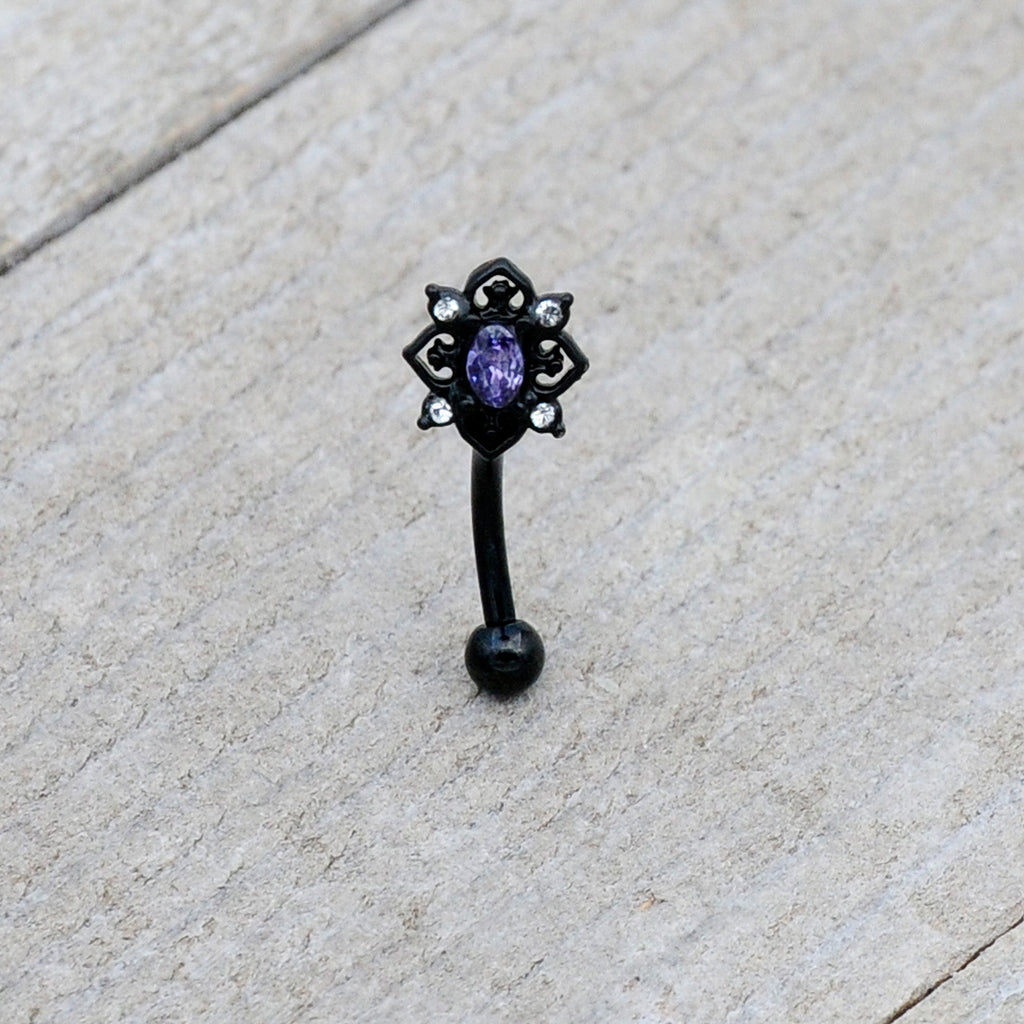 BodyCandy 16G 5/16 Purple Gem Black Scrolling Hearts Curved Eyebrow Ring — lifestyle context