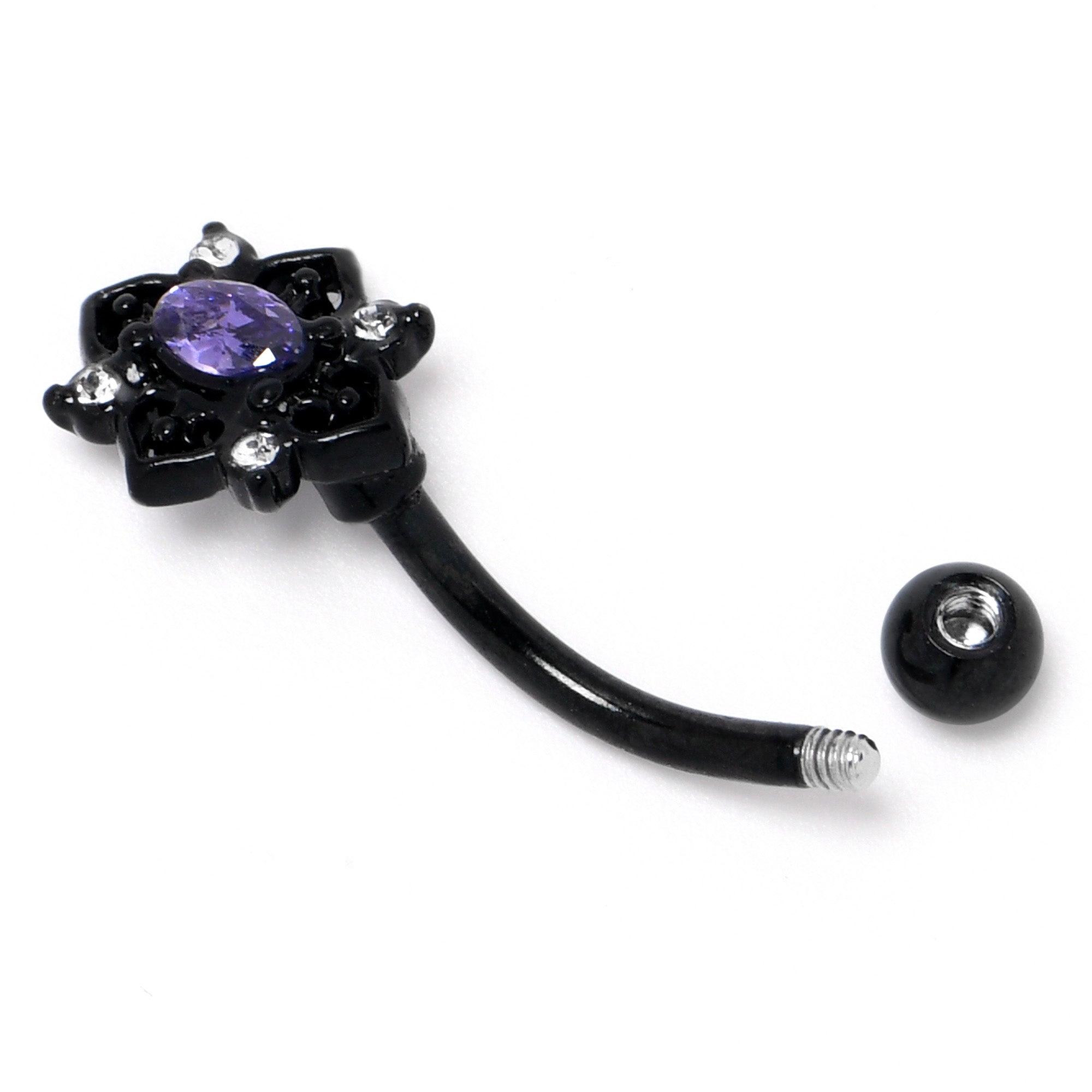 BodyCandy 16G 5/16 Purple Gem Black Scrolling Hearts Curved Eyebrow Ring — back view