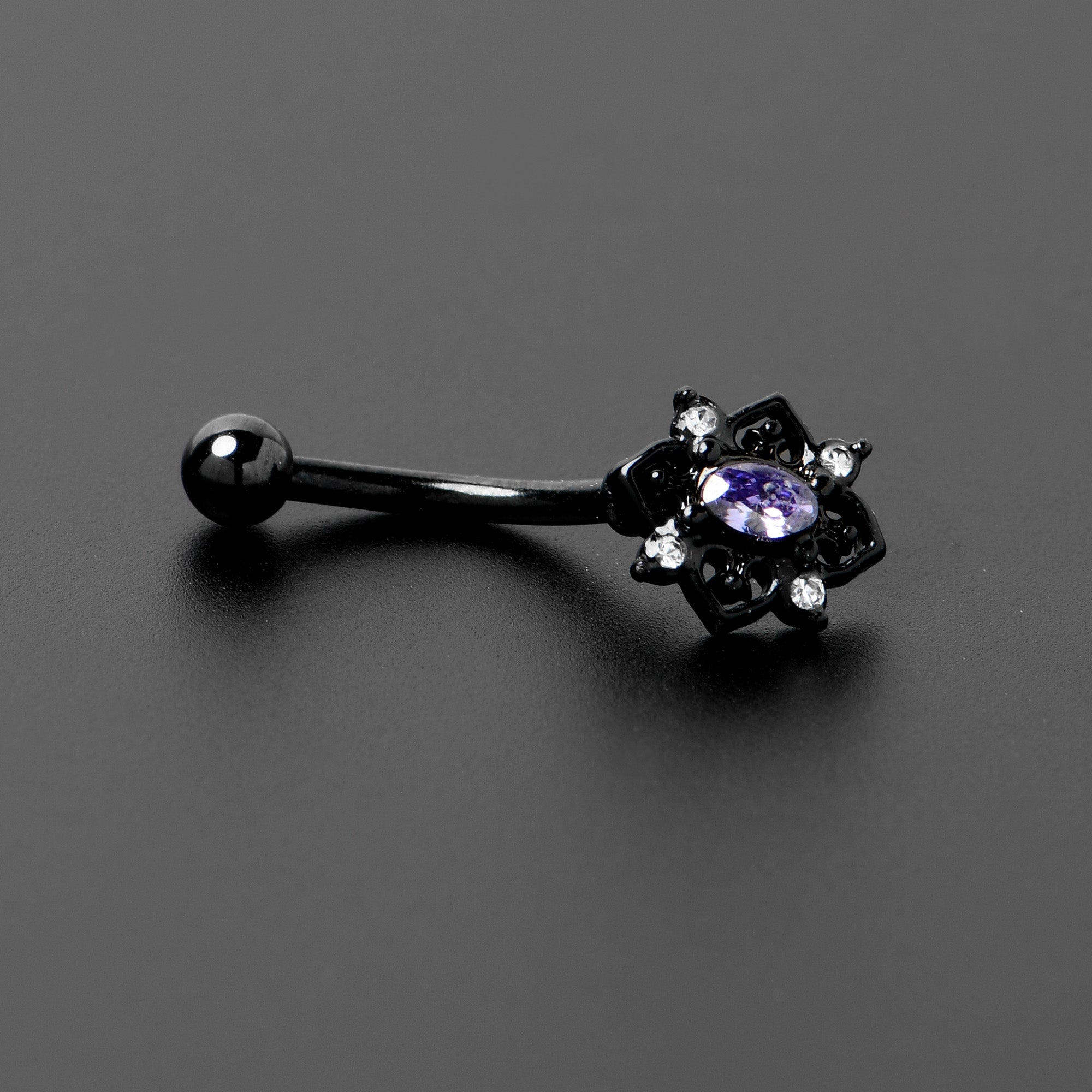 BodyCandy 16G 5/16 Purple Gem Black Scrolling Hearts Curved Eyebrow Ring — alternative angle