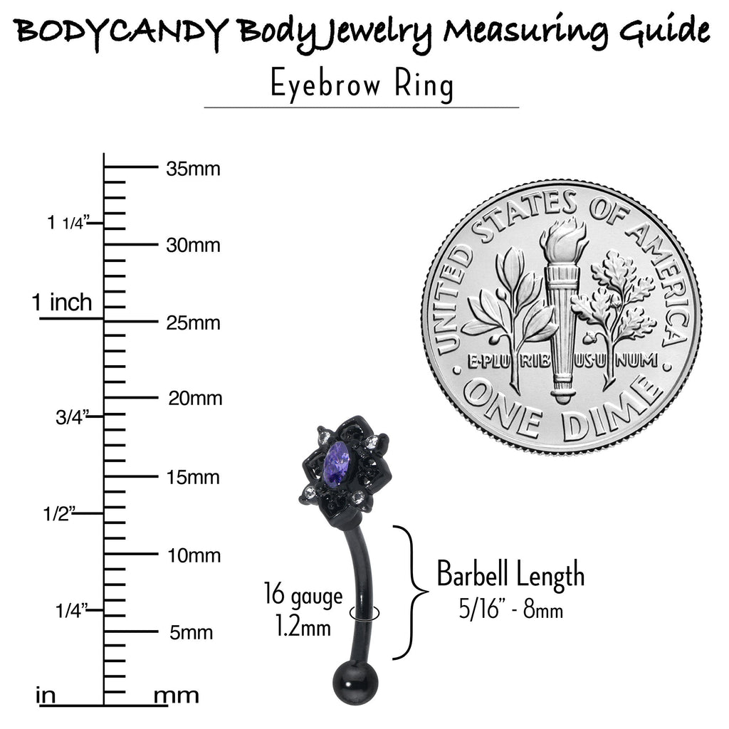 BodyCandy 16G 5/16 Purple Gem Black Scrolling Hearts Curved Eyebrow Ring — in-use photo