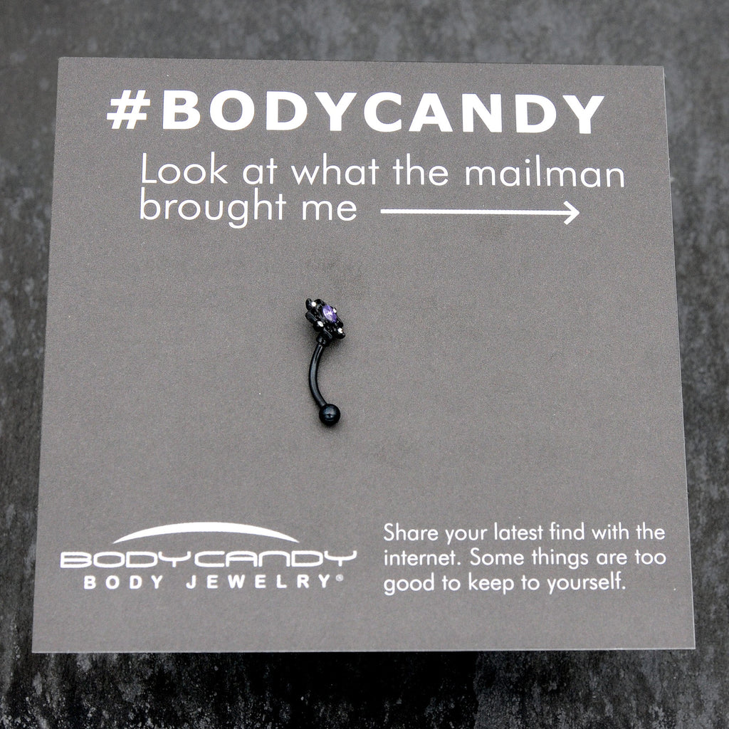 BodyCandy 16G 5/16 Purple Gem Black Scrolling Hearts Curved Eyebrow Ring — size reference