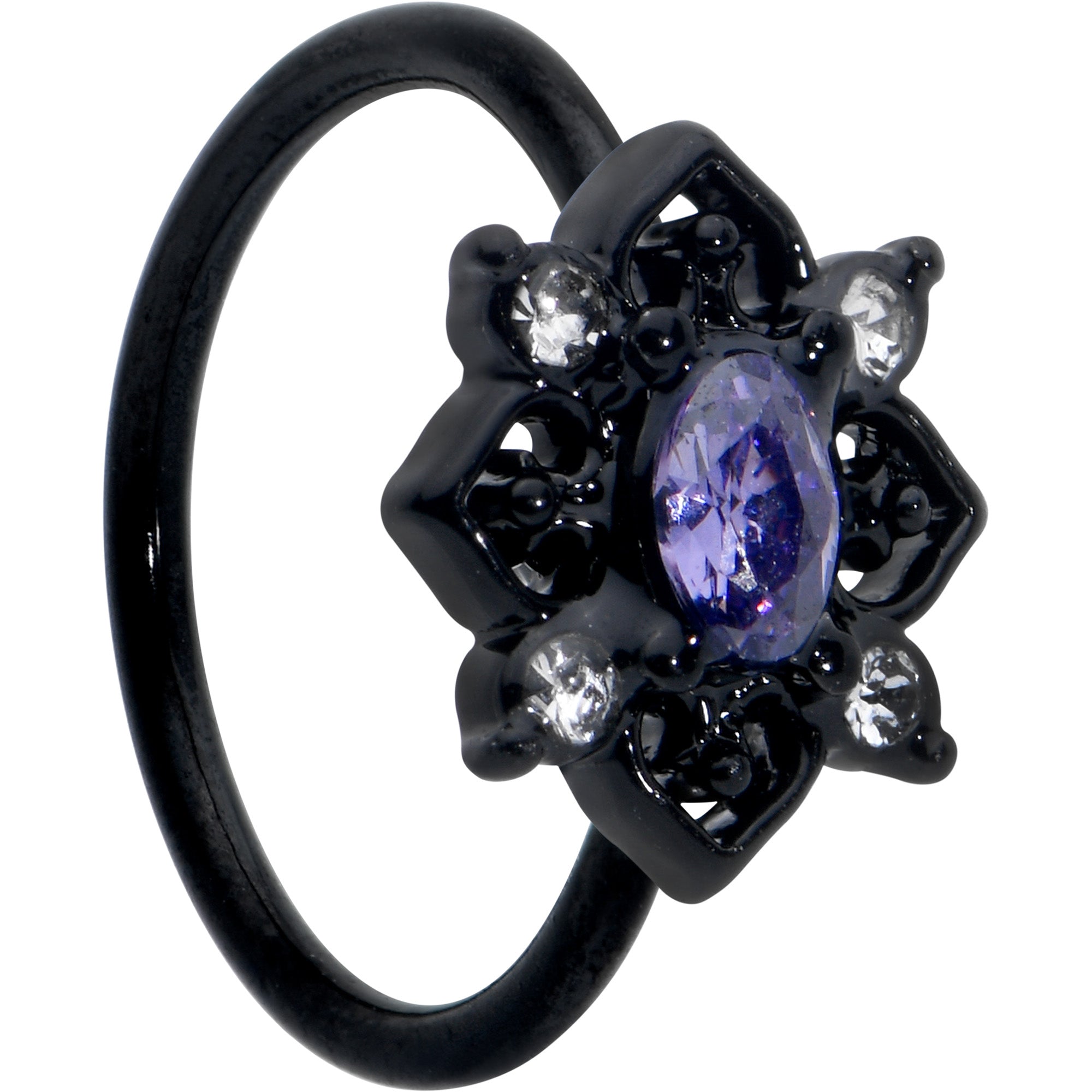 BodyCandy 20G 5/16 Purple Gem Black Scrolling Hearts Nose Hoop — main product shot