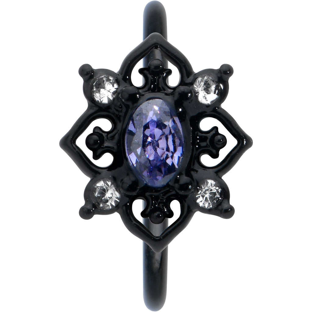 BodyCandy 20G 5/16 Purple Gem Black Scrolling Hearts Nose Hoop — detail close-up