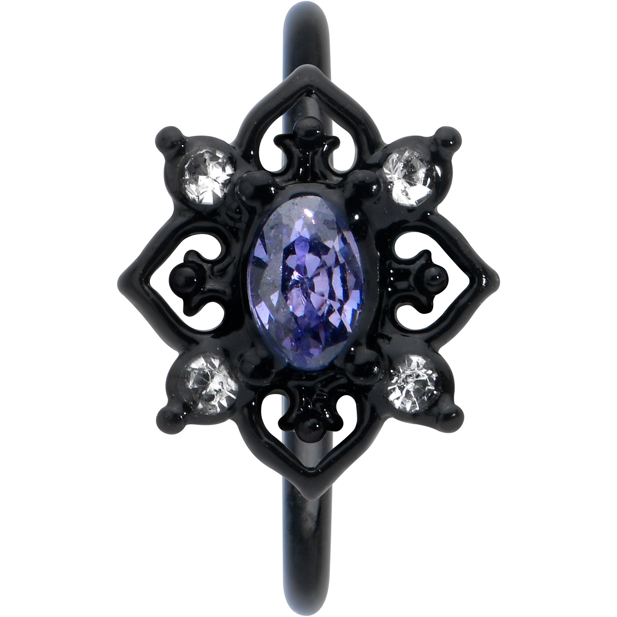 BodyCandy 20G 5/16 Purple Gem Black Scrolling Hearts Nose Hoop — detail close-up