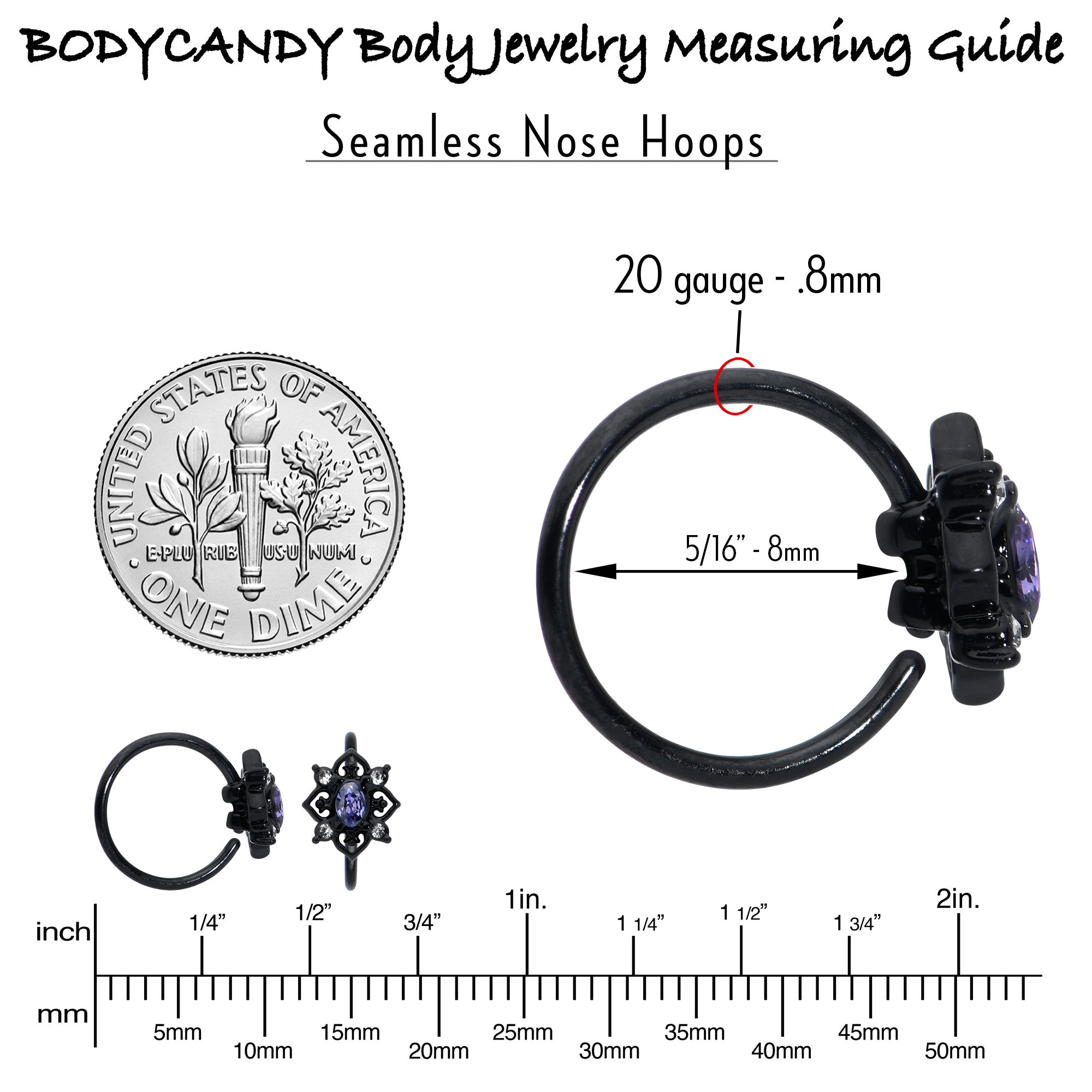 BodyCandy 20G 5/16 Purple Gem Black Scrolling Hearts Nose Hoop — in-use photo