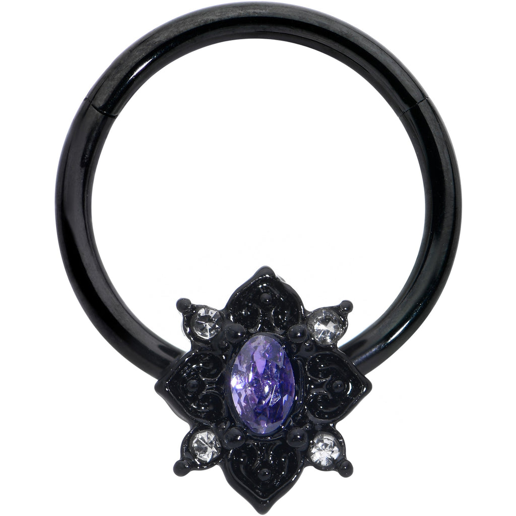BodyCandy 16G 3/8 Purple Gem Black Scrolling Hearts Hinged Segment Ring — main product shot
