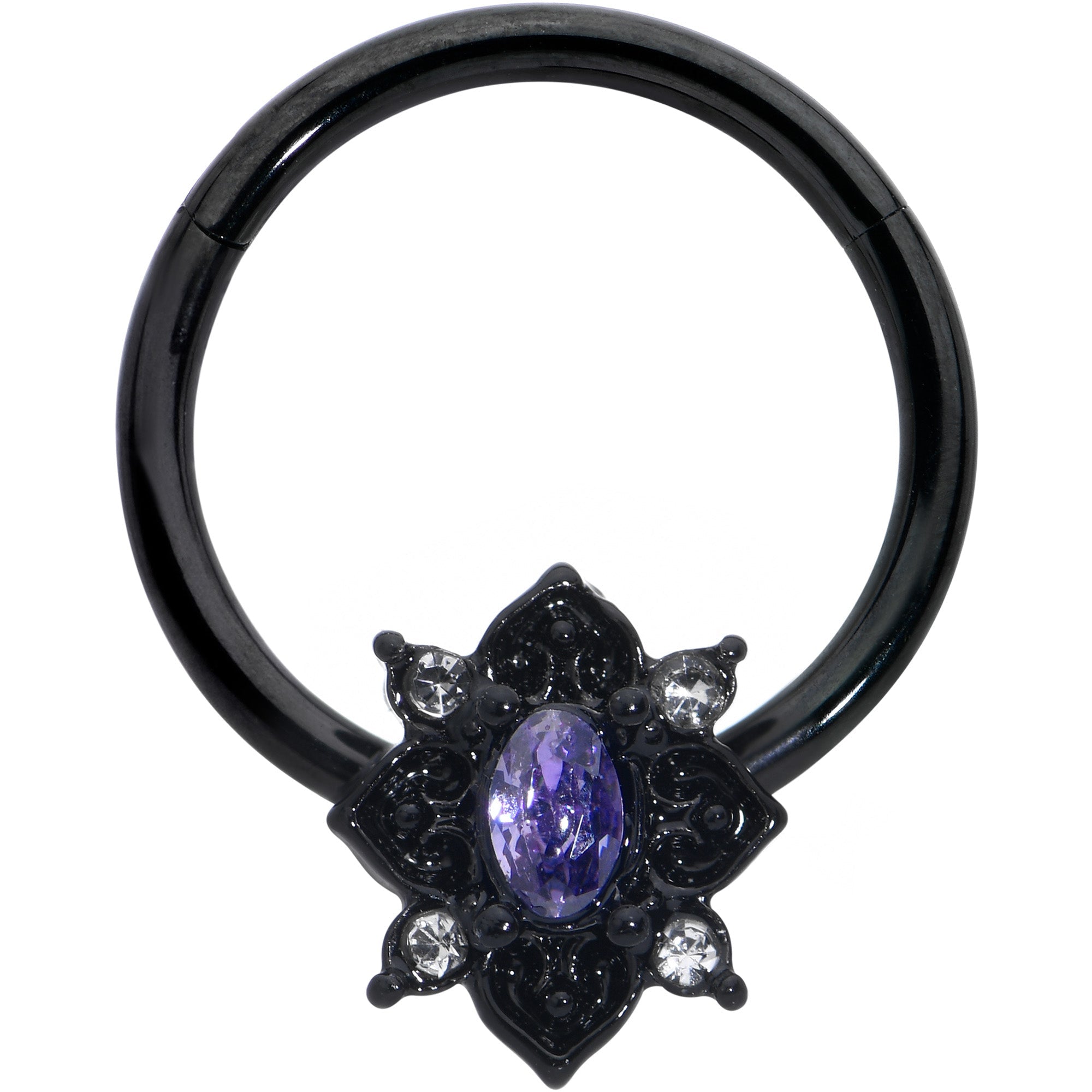 BodyCandy 16G 3/8 Purple Gem Black Scrolling Hearts Hinged Segment Ring — main product shot