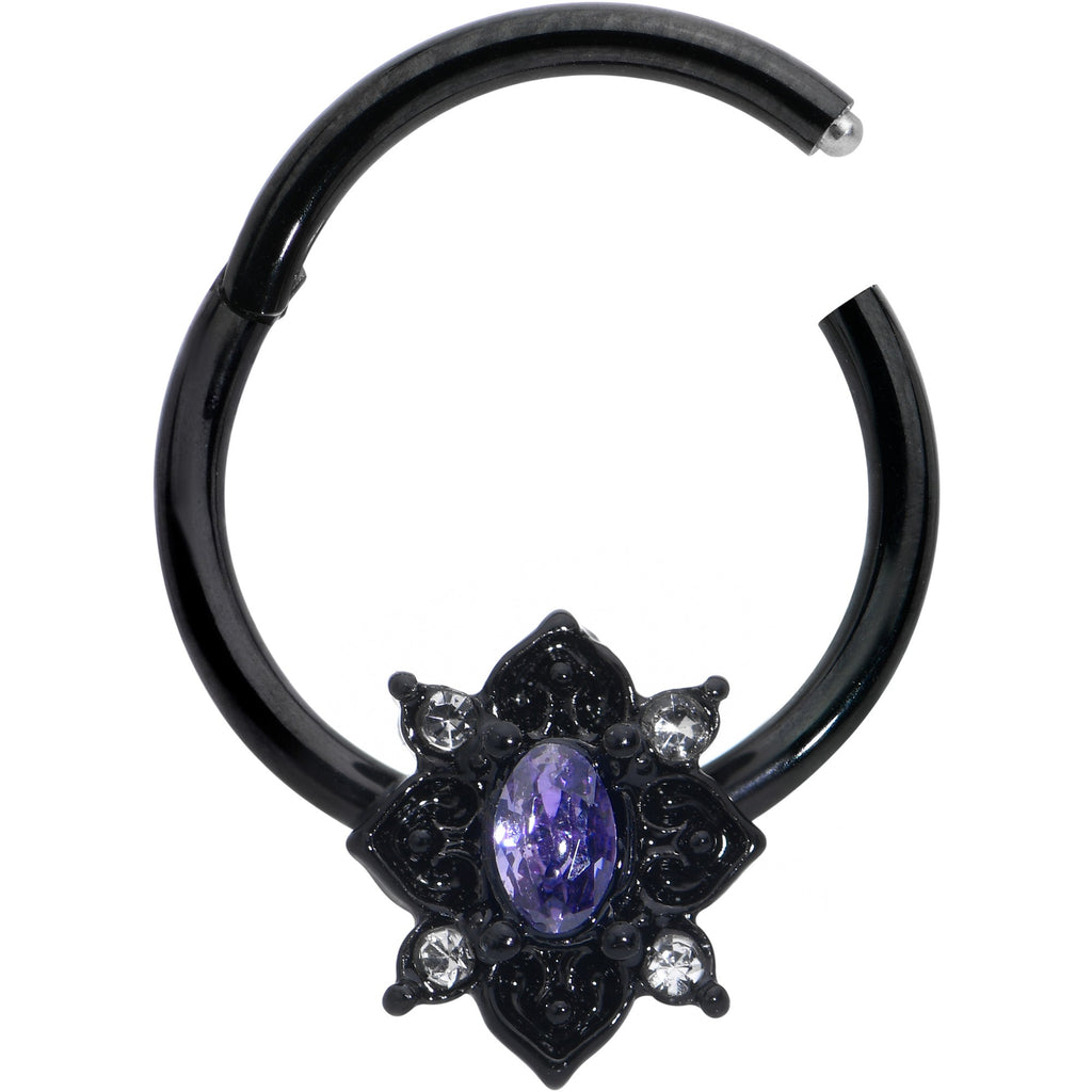 BodyCandy 16G 3/8 Purple Gem Black Scrolling Hearts Hinged Segment Ring — detail close-up
