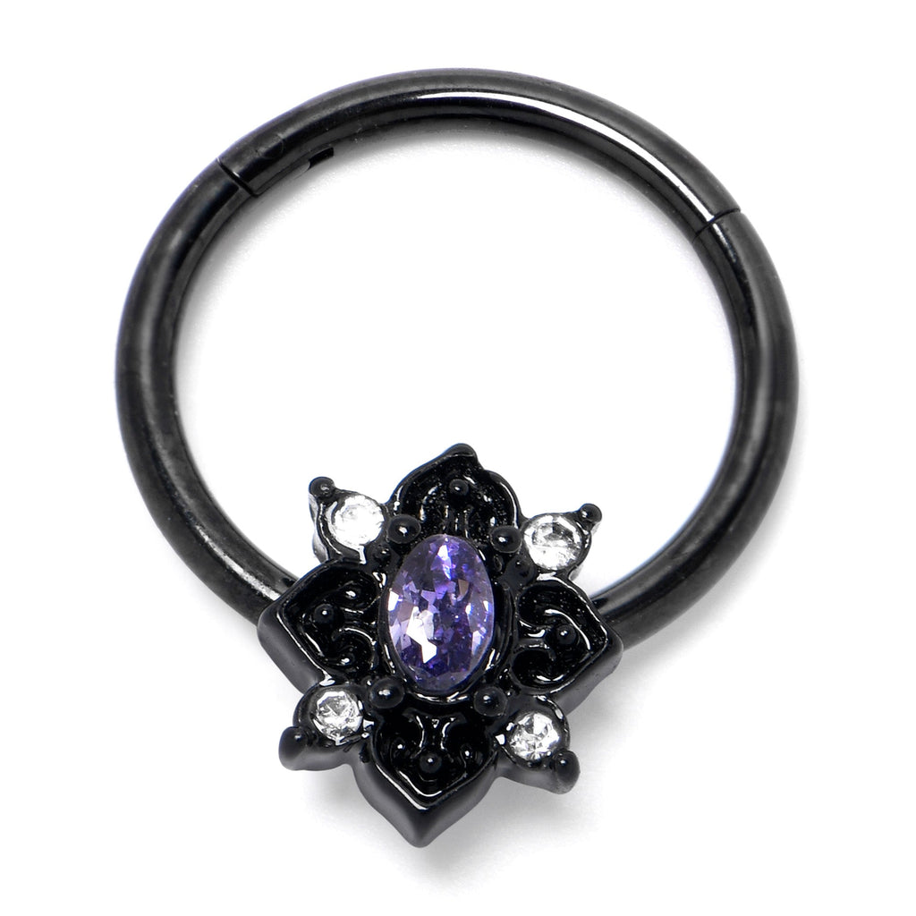BodyCandy 16G 3/8 Purple Gem Black Scrolling Hearts Hinged Segment Ring — side view