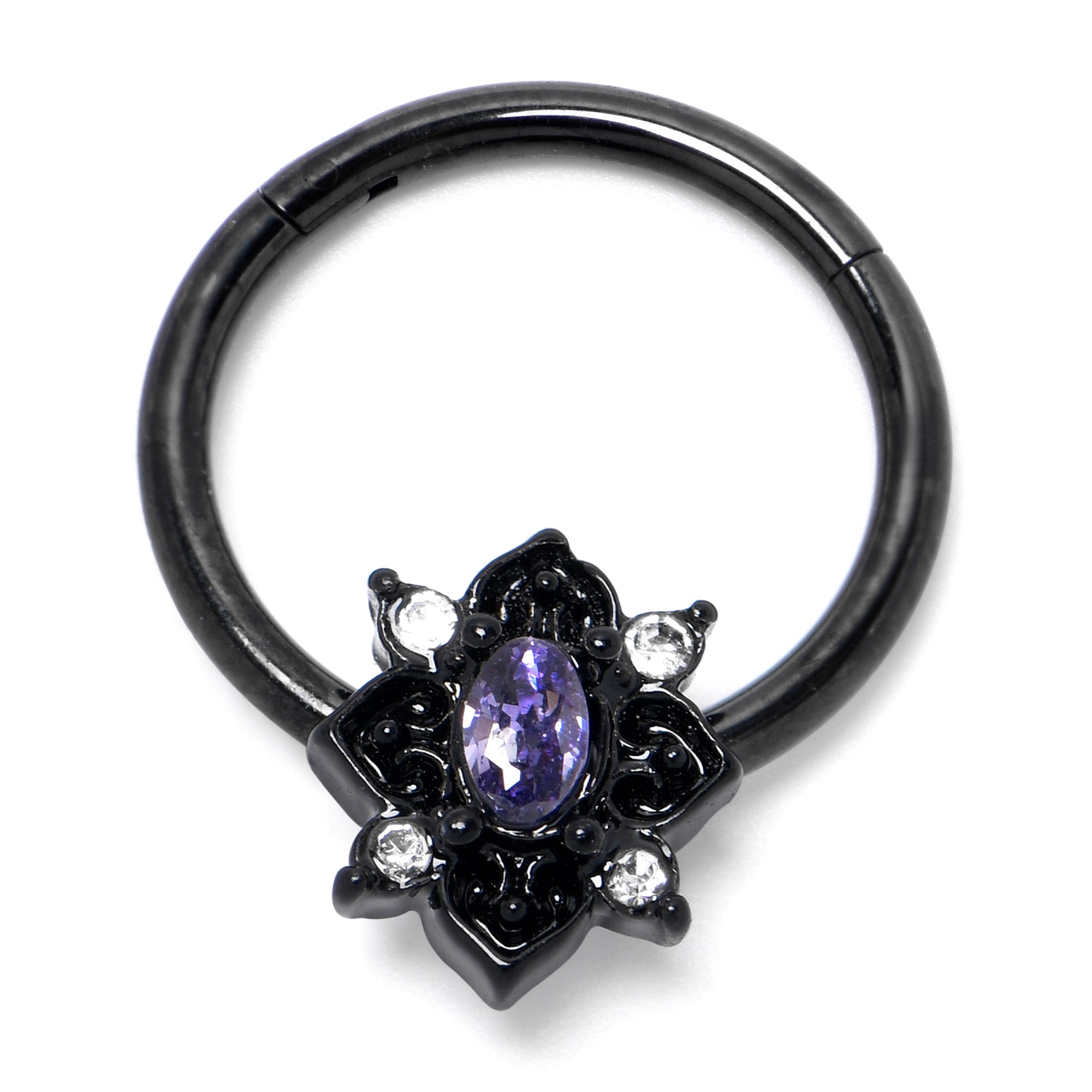 BodyCandy 16G 3/8 Purple Gem Black Scrolling Hearts Hinged Segment Ring — side view