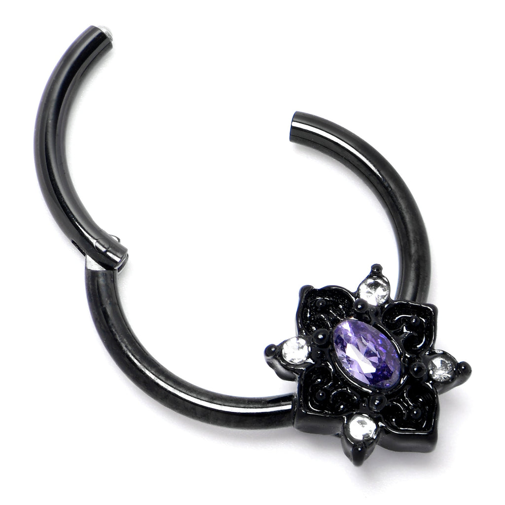 BodyCandy 16G 3/8 Purple Gem Black Scrolling Hearts Hinged Segment Ring — back view
