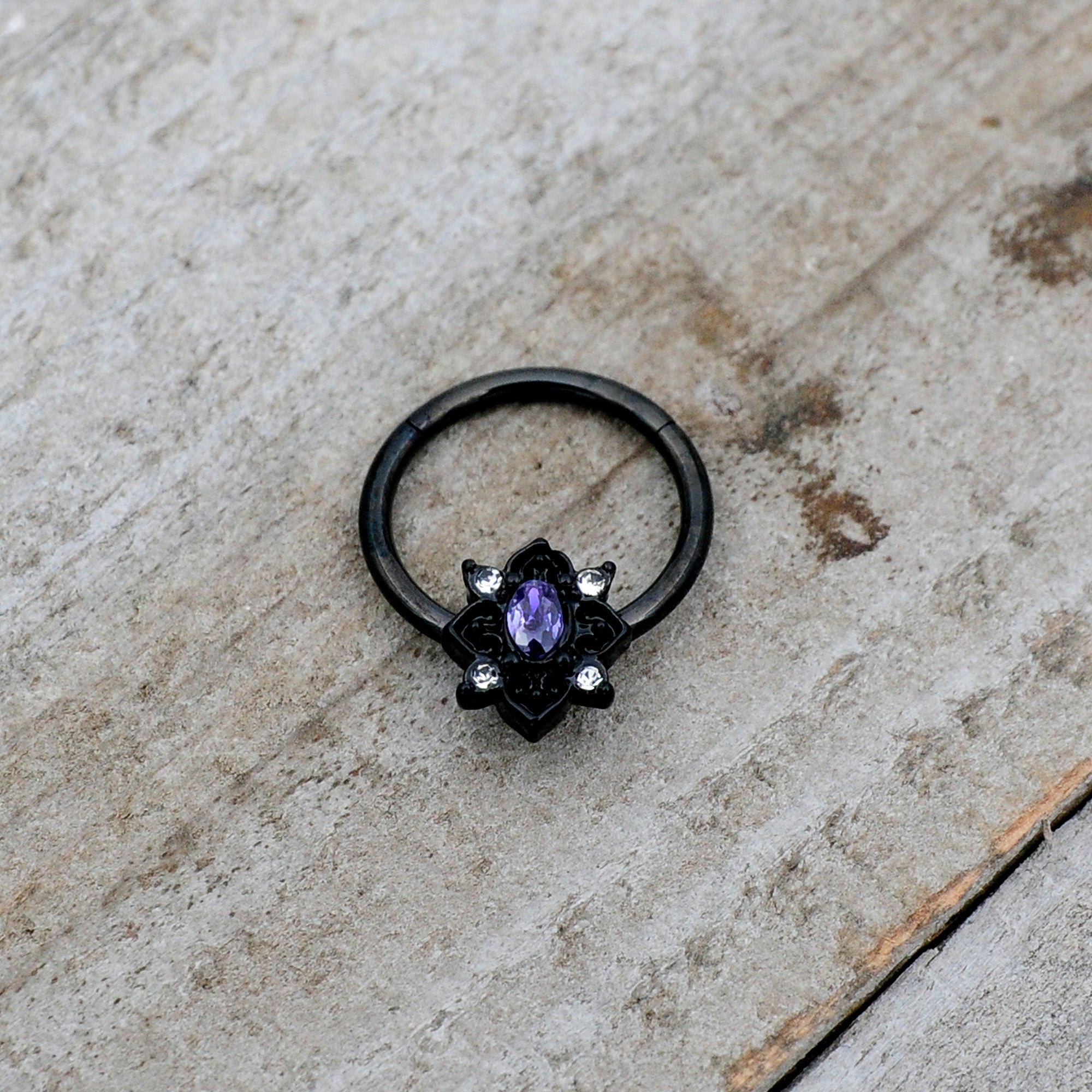 BodyCandy 16G 3/8 Purple Gem Black Scrolling Hearts Hinged Segment Ring — alternative angle