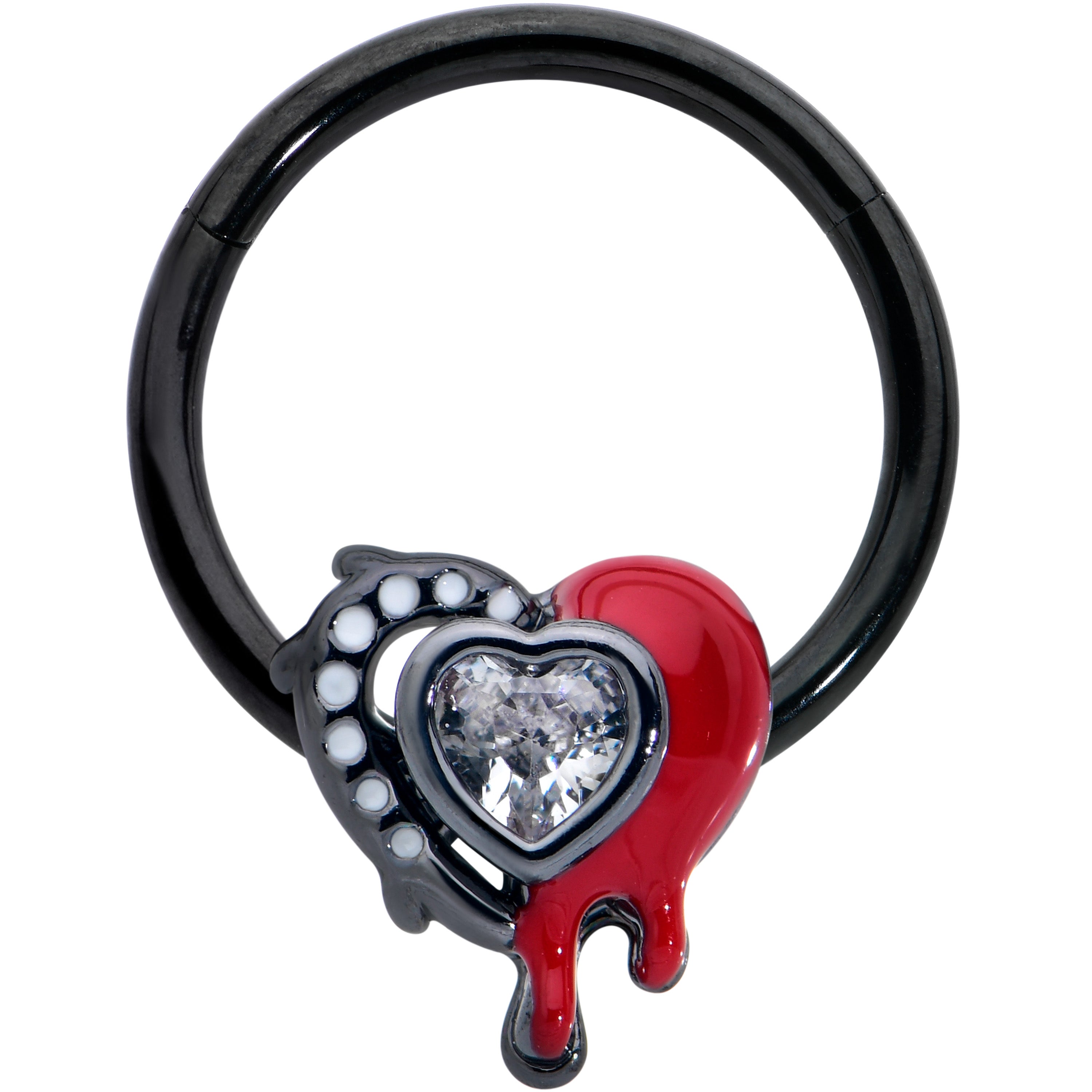 BodyCandy 16G 3/8 Clear Gem Black Bleeding Heart Hinged Segment Ring — main product shot