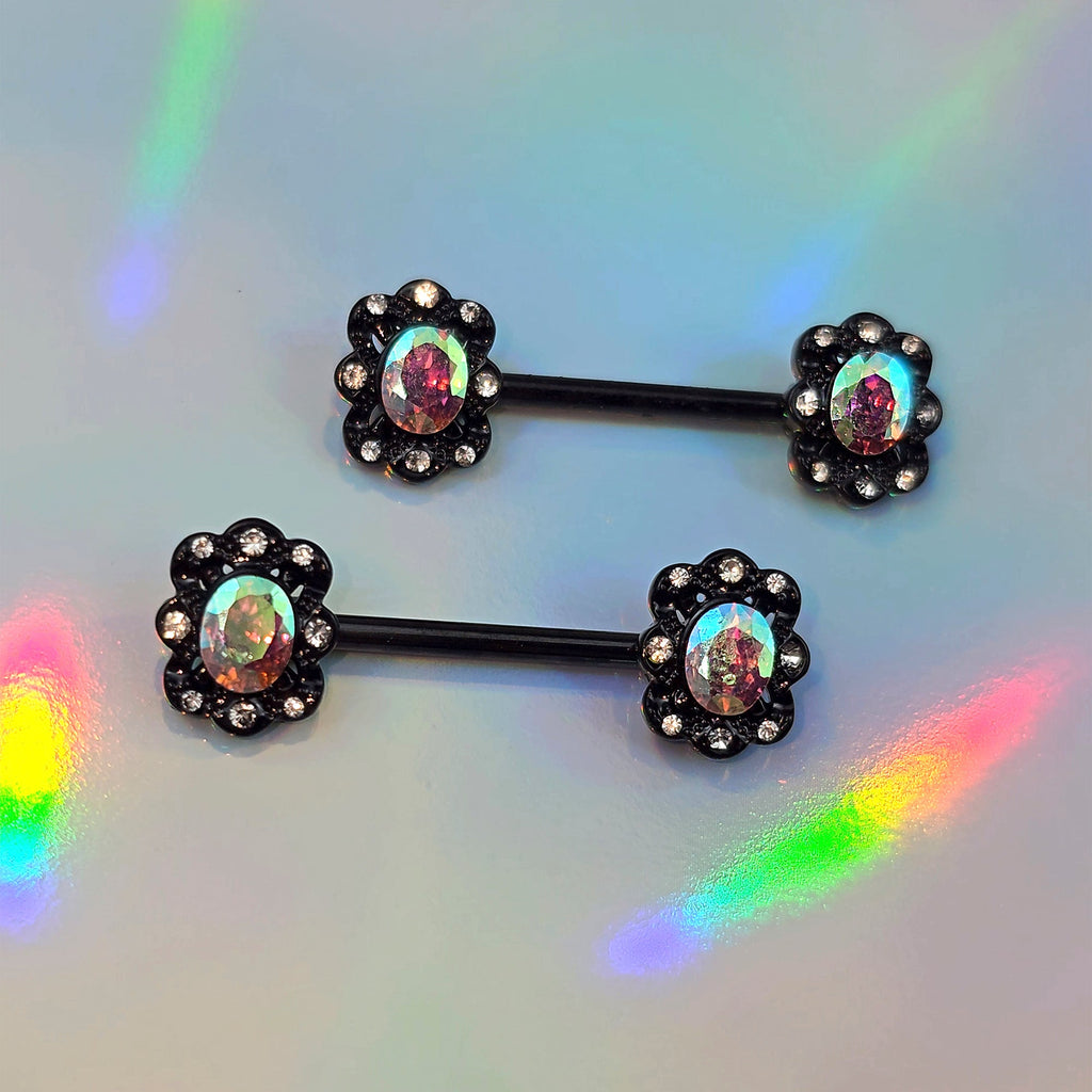 BodyCandy 14G 9/16 Aurora Gem Black Filigree Fantasy Barbell Nipple Ring Set — alternative angle