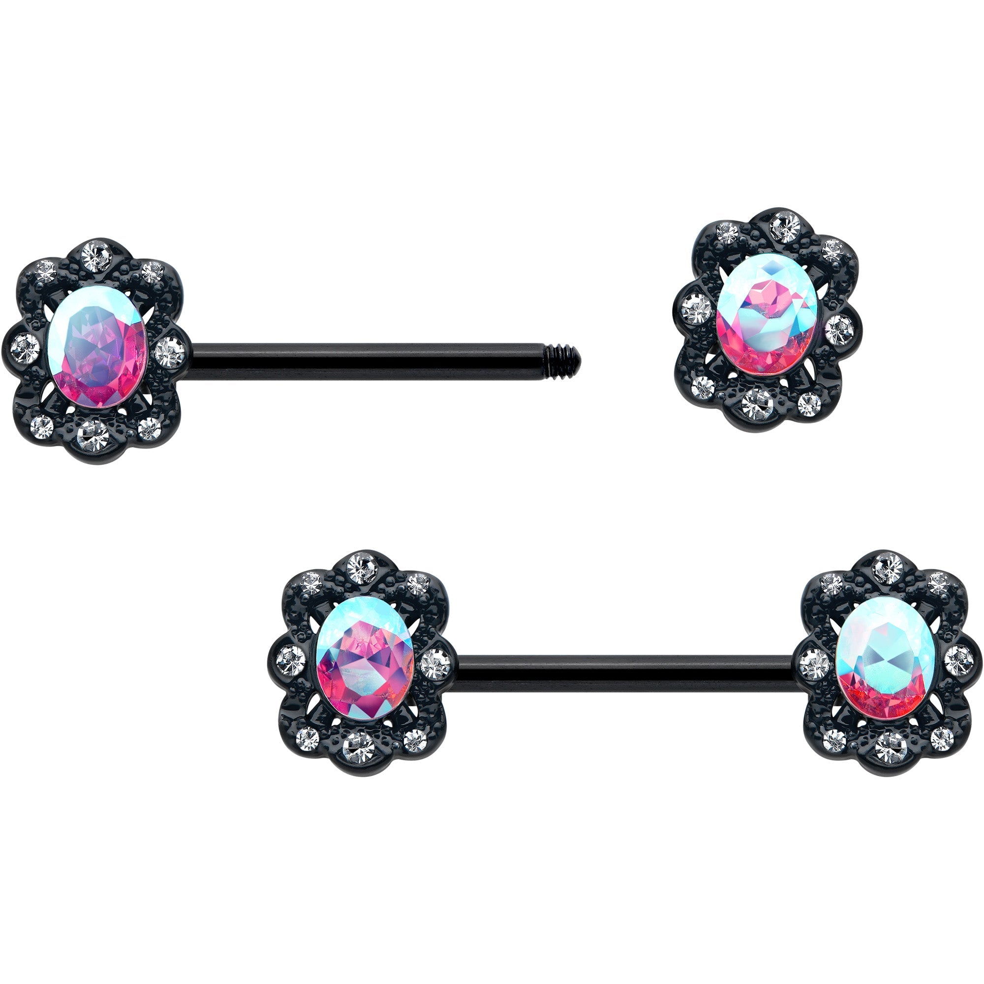 BodyCandy 14G 9/16 Aurora Gem Black Filigree Fantasy Barbell Nipple Ring Set — detail close-up