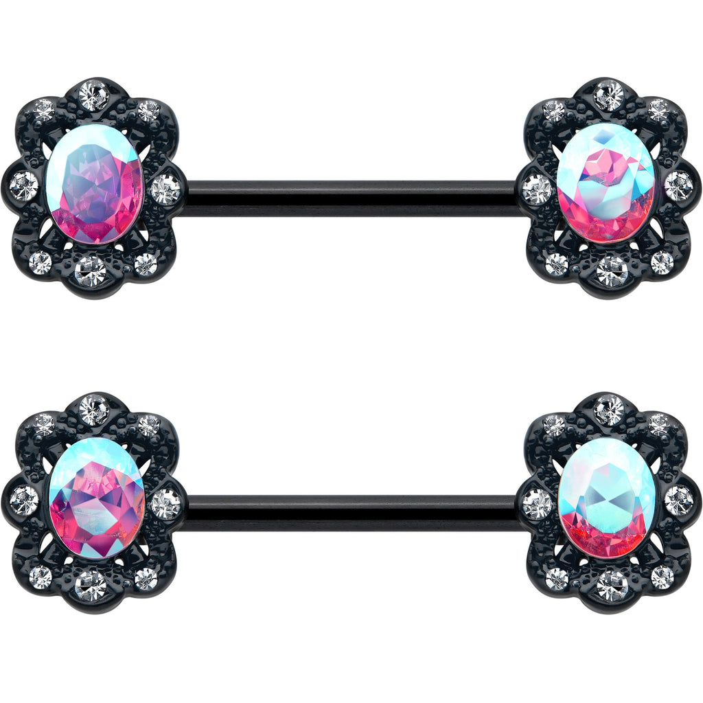 BodyCandy 14G 9/16 Aurora Gem Black Filigree Fantasy Barbell Nipple Ring Set — lifestyle context