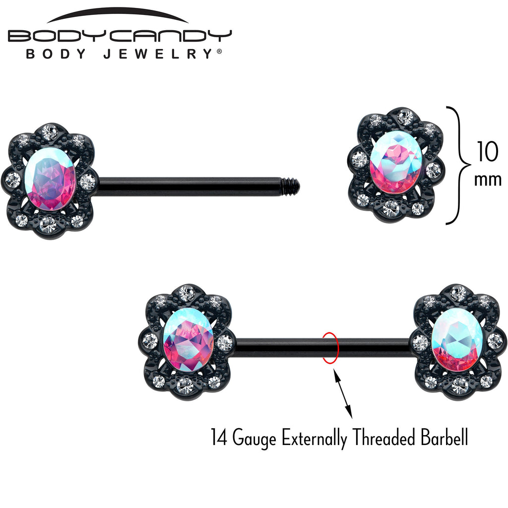BodyCandy 14G 9/16 Aurora Gem Black Filigree Fantasy Barbell Nipple Ring Set — side view