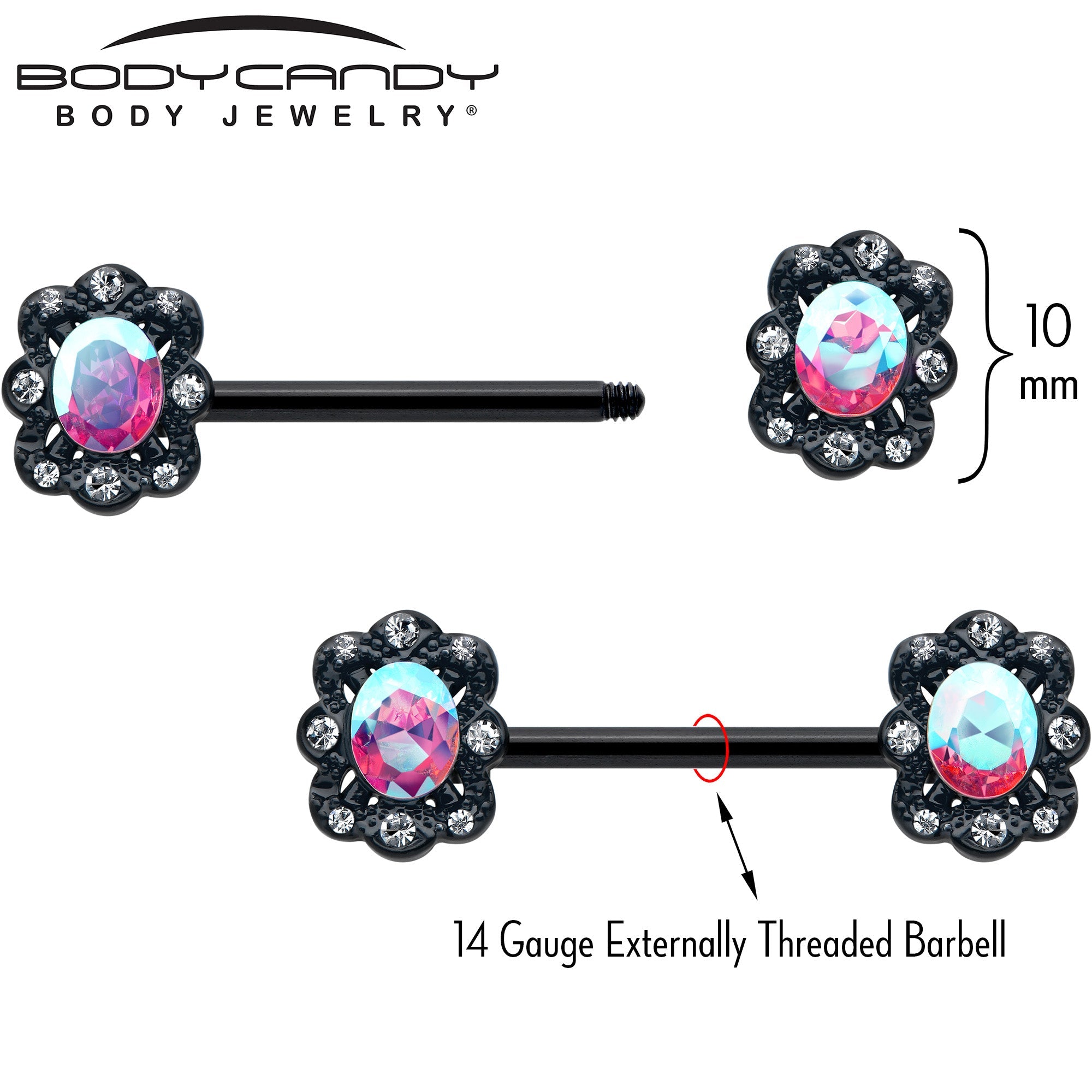 BodyCandy 14G 9/16 Aurora Gem Black Filigree Fantasy Barbell Nipple Ring Set — side view