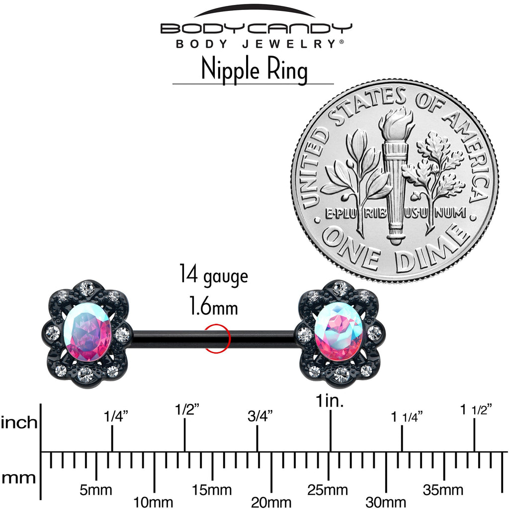 BodyCandy 14G 9/16 Aurora Gem Black Filigree Fantasy Barbell Nipple Ring Set — back view