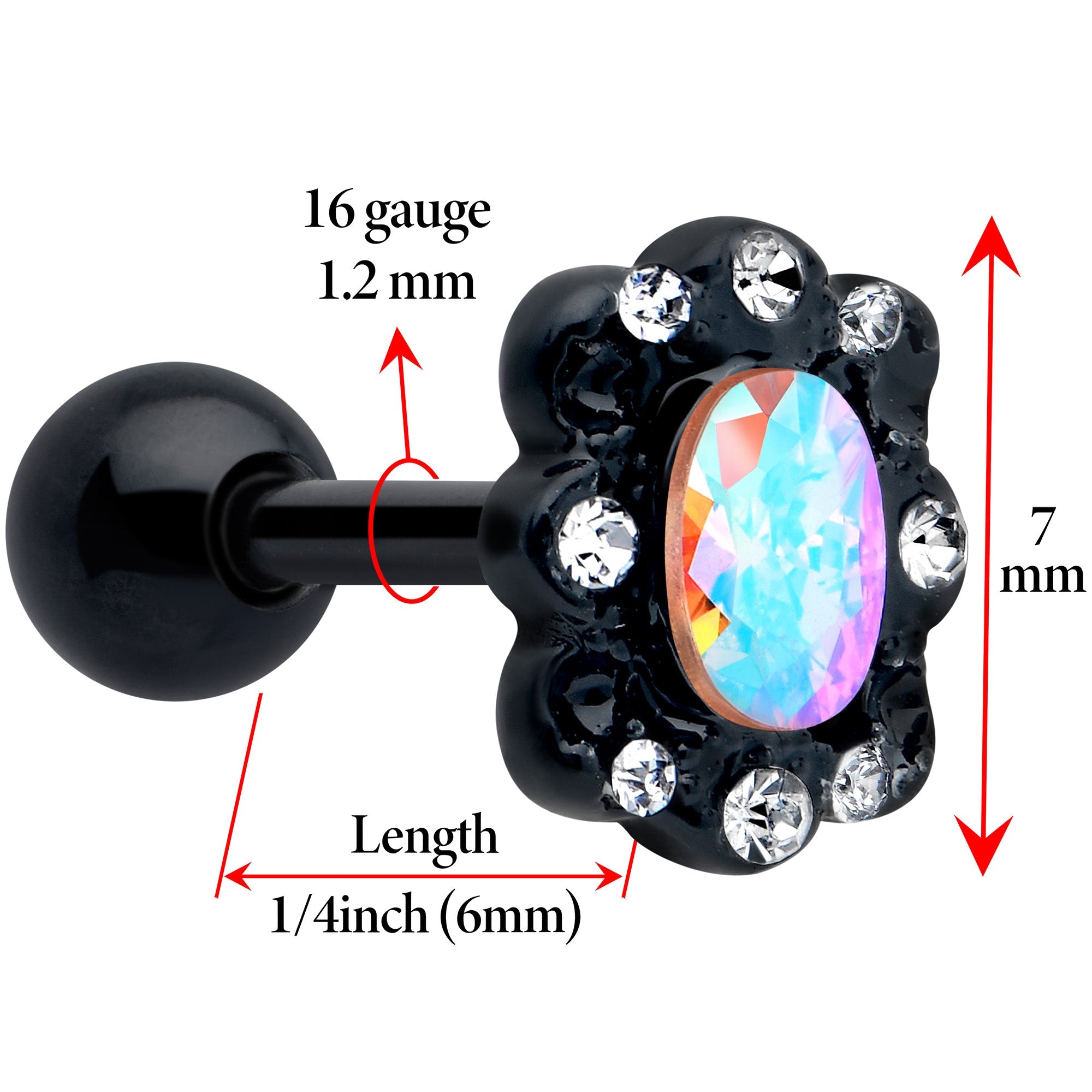 BodyCandy 16G 1/4 Aurora Gem Black Filigree Fantasy Cartilage Tragus Earring — detail close-up