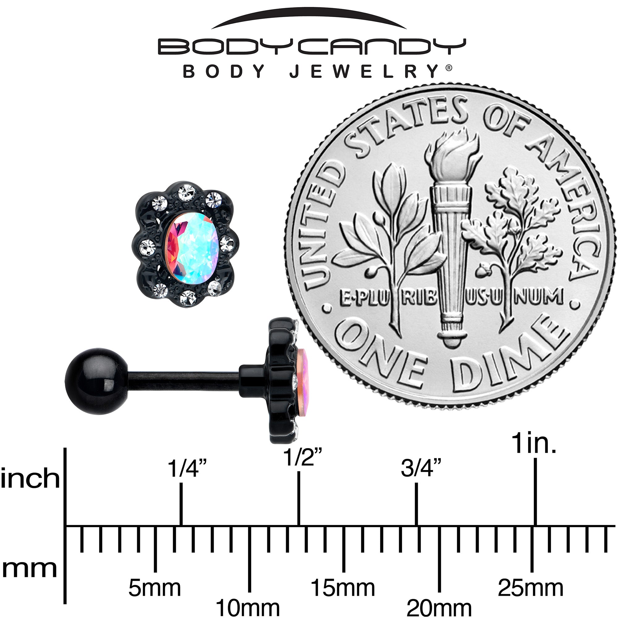 BodyCandy 16G 1/4 Aurora Gem Black Filigree Fantasy Cartilage Tragus Earring — back view
